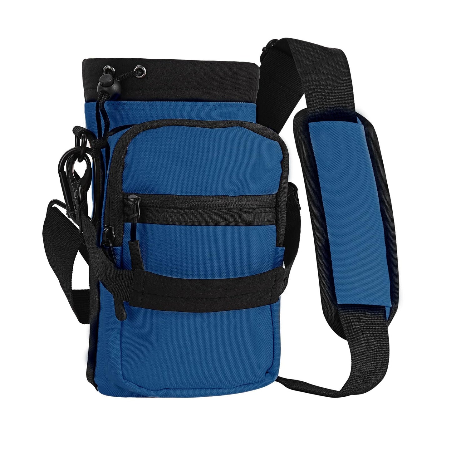 Nuovoware Water Bottle Carrier, 40oz Bottle Carrier Sports Water Bottle Holder with Adjustable Shoulder Strap, 2 Pockets Flask Sling Bag Drawstring Pouch for Climbing Hiking Walking, Blue