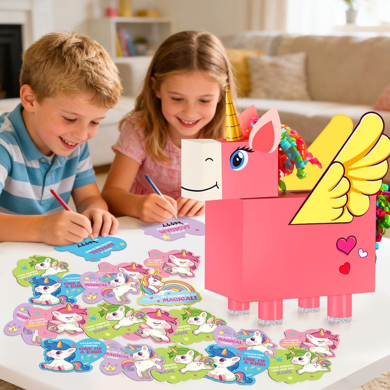 Bstoyder Unicorn Valentines Day Box and Cards for Kids School, Valentines Day Cards Gifts for Kids Classroom Exchange, School Party Favors (1 Unique Pink Box, 32 Valentine Cards, 1 Teacher Card)