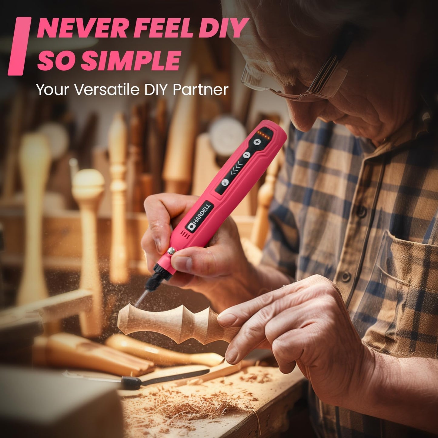 HARDELL Mini Cordless Rotary Tool, 5-Speed 3.7V Rechargeable Rotary Tool Kit with 69 Accessories, USB Charging Multi-Purpose DIY Tool for Sanding, Polishing, Drilling, Engraving(Pink 69pcs)
