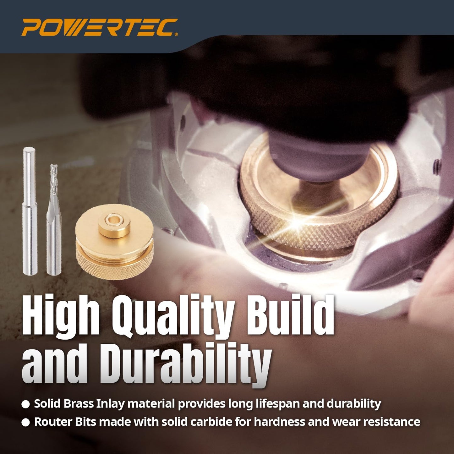 POWERTEC Solid Brass Inlay Kit with 1/8" Downcut Spiral Router Bit 1/4" Shank, Router Bushing Guide, Collar, and Centering Pin - Compatible w/ 1/4" Templates for Woodworking