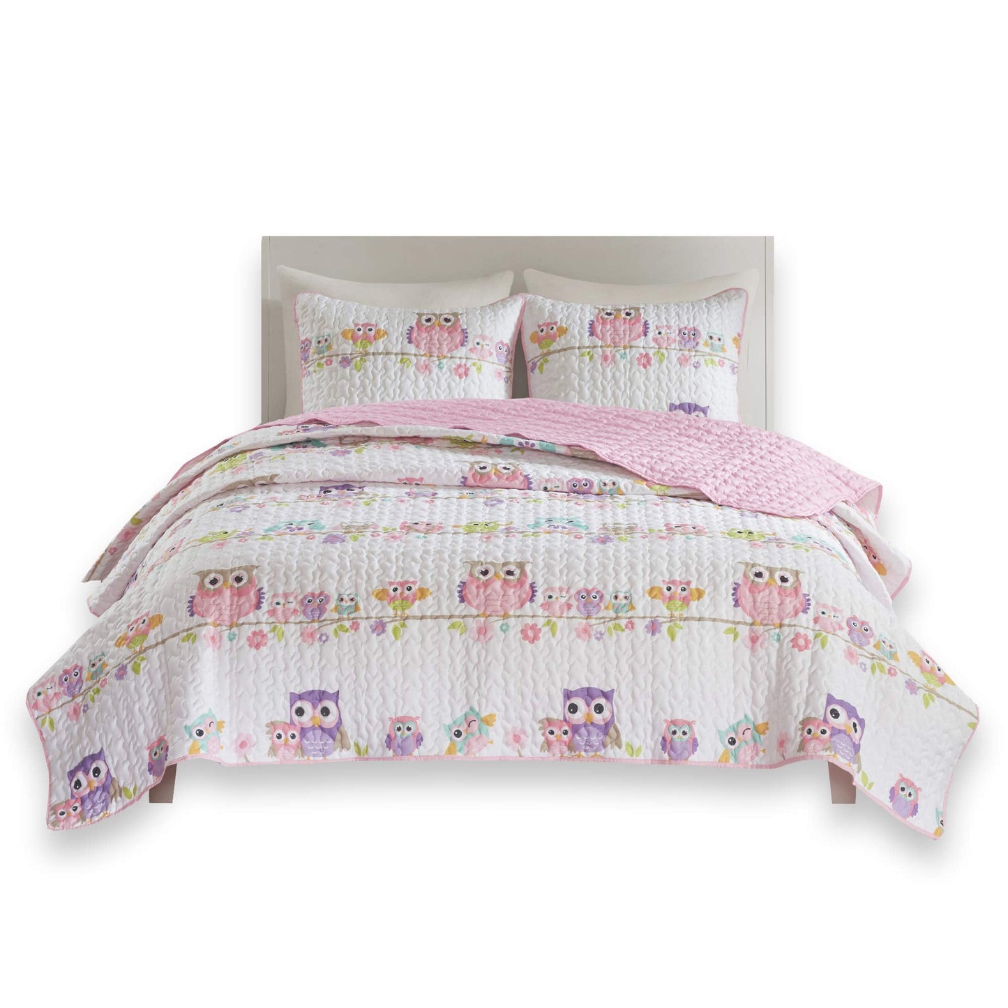 Comfort Spaces Quilt Set Novelty Design All Season Lightweight Coverlet Bedding Bedspread Kids, Teens Girls Bedroom Decor, Howdy Hoots Owl Pink, Full/Queen, 3 Piece