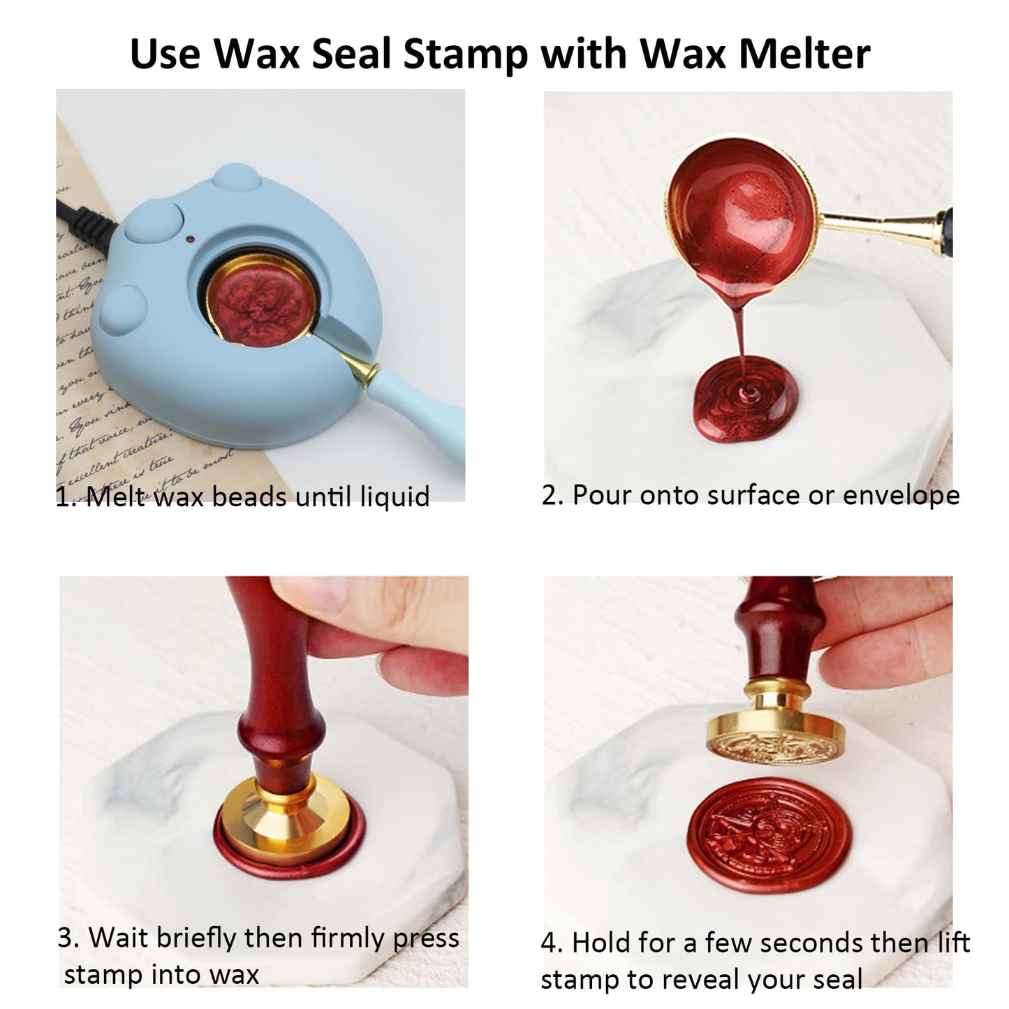 Andotopee 6-in-1 Vintage Embossed Frame Wax Seal Stamp Kit- Rectangle & Oval & Heart 3D Relief Photo Frame Seal Stamps with Wood Handle, Retro Sealing Wax Stamp for Wedding Invitations, Letters