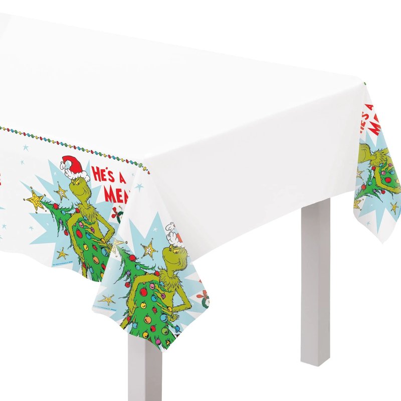 He's A Mean One (The Grinch) Plastic Table Cover - 54" x 102" (1 Pc) - Fun & Colorful Design, Perfect for Themed Parties, Holiday Celebrations & Festive Events