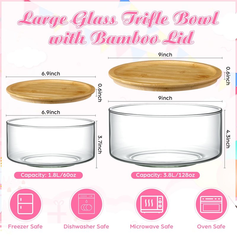 Qinyoung 2 Pack Large Trifle Bowls with Lids 9 Inch and 6.9 Inch Clear Glass Large Salad Bowl for Cake, Baking, Dessert, Fruit and Party DIY with 5 Pcs Wood Serving Utensils, Microwave Dishwasher Safe