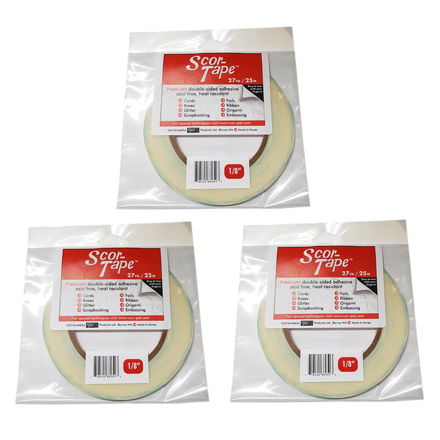 Scor-Tape 1/8" Double-Sided Adhesive Tape, 27 Yards x 3 Rolls, Acid-Free, Ultra-Thin, Perfect for Card Making, Scrapbooking & Paper Crafts, Multi-Pack Value