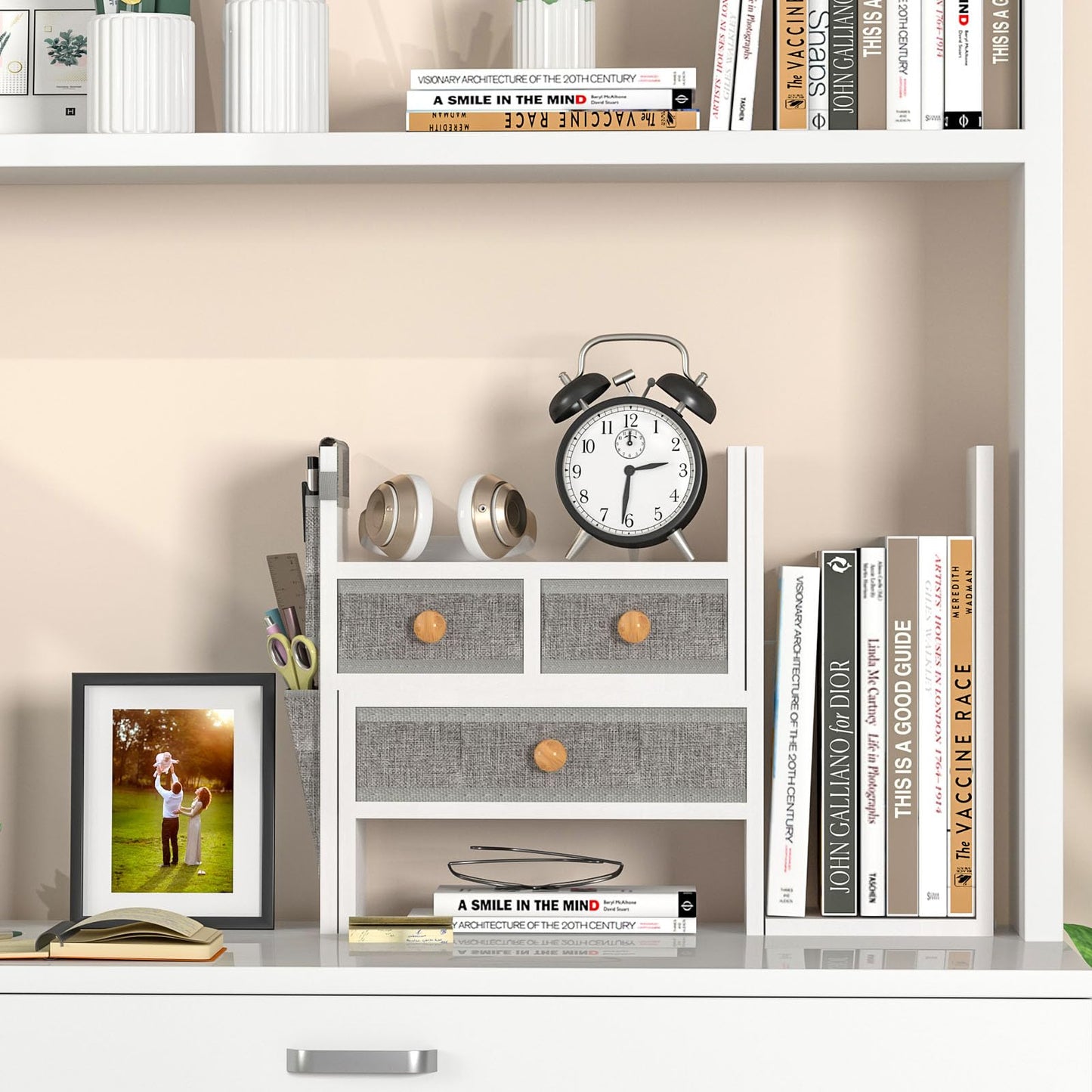 X-cosrack Adjustable Desk Shelves for Storage, Desktop Bookshelf with 3 Drawers, White Wood Desk Shelf for Top of Desk, Corner Desktop Organizer for Women Office