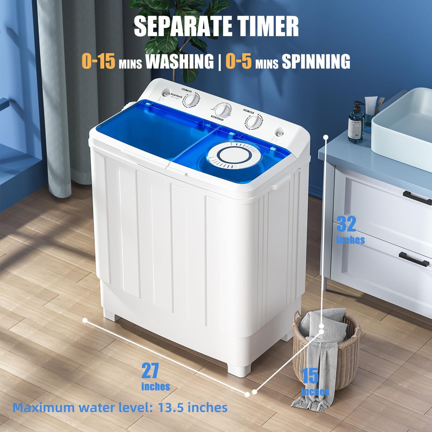 Auertech Portable Washing Machine, 28lbs Twin Tub Washer Mini Compact Laundry Machine with Drain Pump, Semi-automatic 18lbs Washer 10lbs Spinner Combo for Dorms, Apartments, RVs