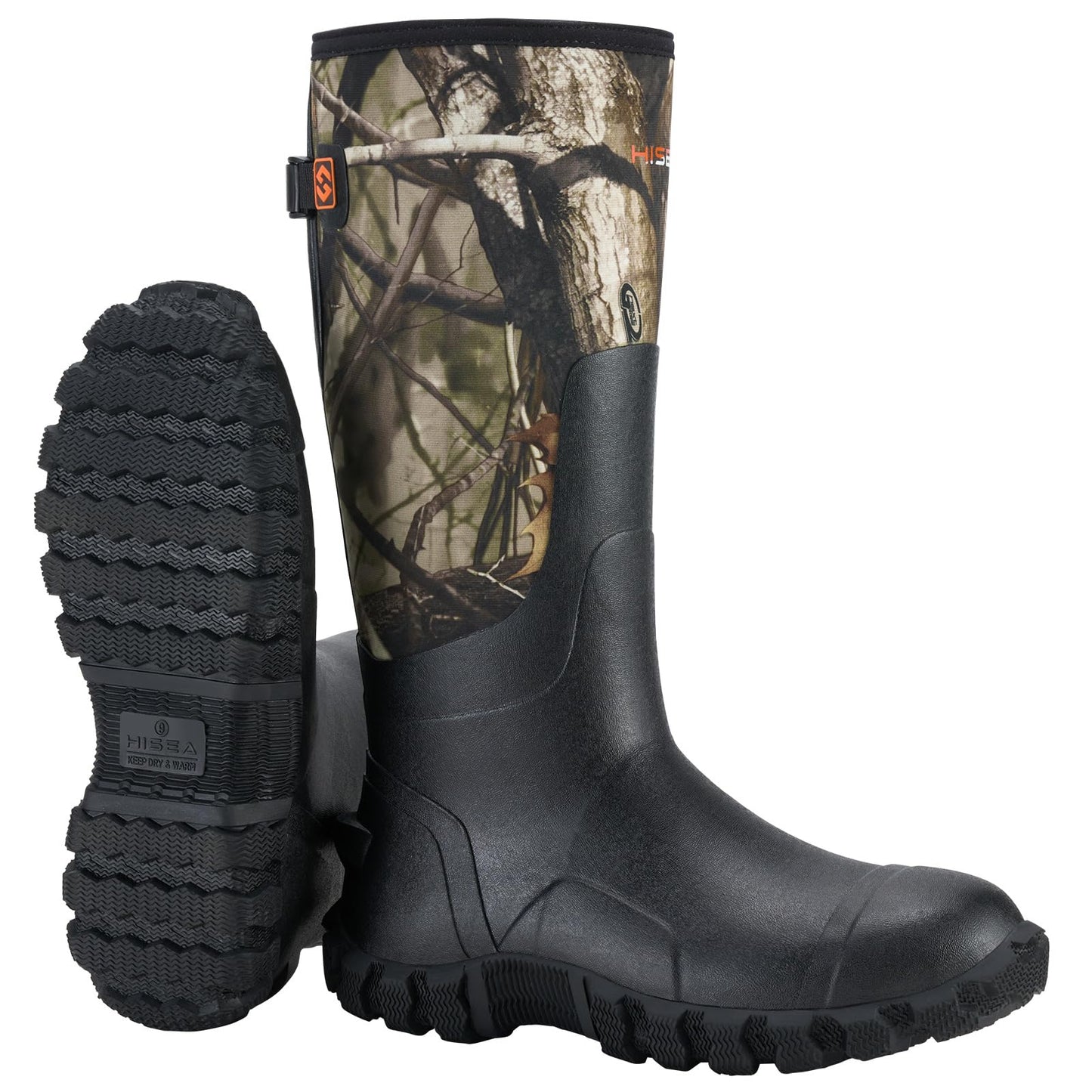 HISEA Upgraded Rain Boots for Men Waterproof Insulated Rubber Boots Outdoor Mud Hunting Boot, Adjustable Calf, Camo, 6