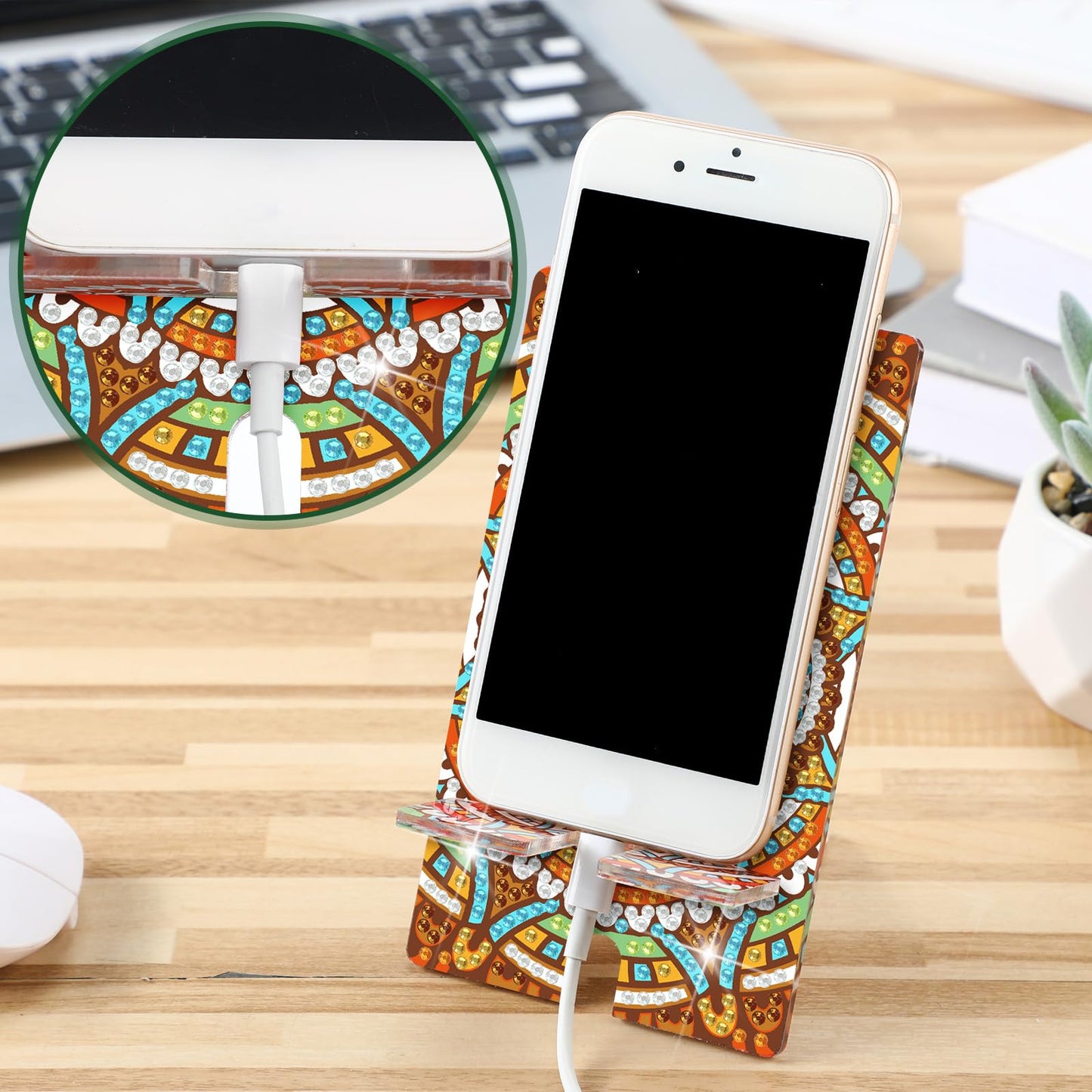 Saillong 6 Pcs Sage Green Mandala Diamond Painting Cell Phone Stand DIY Full Drill Crystal Diamond Art Phone Holder Bling Painting Art Craft Kits for Beginner Adult