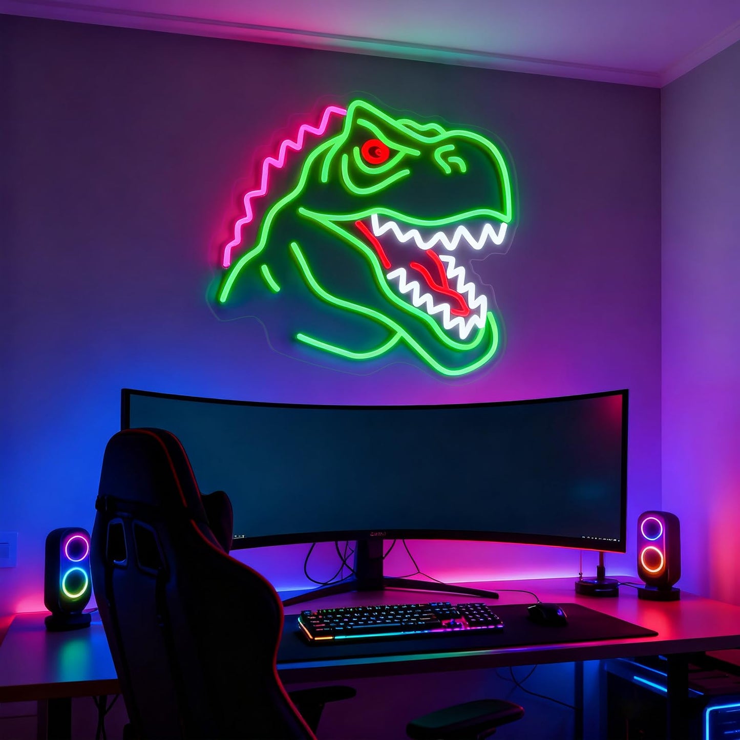 Dinosaur Neon Sign Lights for Wall Decor, T-REX LED Sign for Room and Man Cave Decor, Dimmable Powered LED Signs for Bedroom, Man Cave Party, Birthday Christmas Gift (T-REX Green)