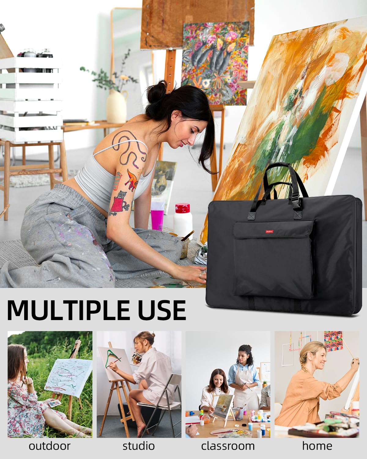 Nicpro Upgrade Art Portfolio Bag 20 x 26'', Waterproof Nylon Artist Bag with Reinforced Side Edges & Adjustable Shoulder Strap, Storage Art Portfolio Case for Artwork Drawing Canvas Photography Poster