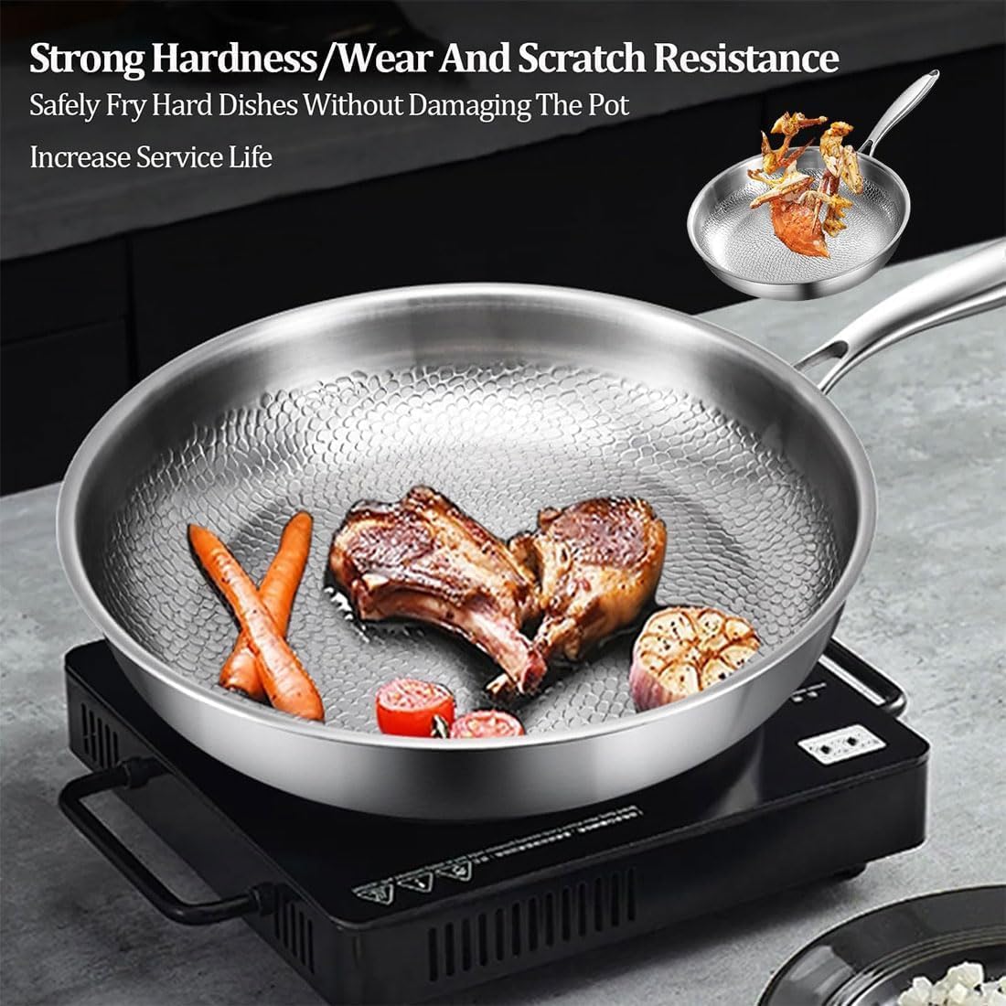 Upgraded Siraats Titanium Hammered Pan, Pot with Lid 10/11/12in Non Stick Titanium Skillet, Scratch-Resistant Multifunctional Durable Safety Frying Pan, Compatible with All Cooktops(L:11in/28cm)