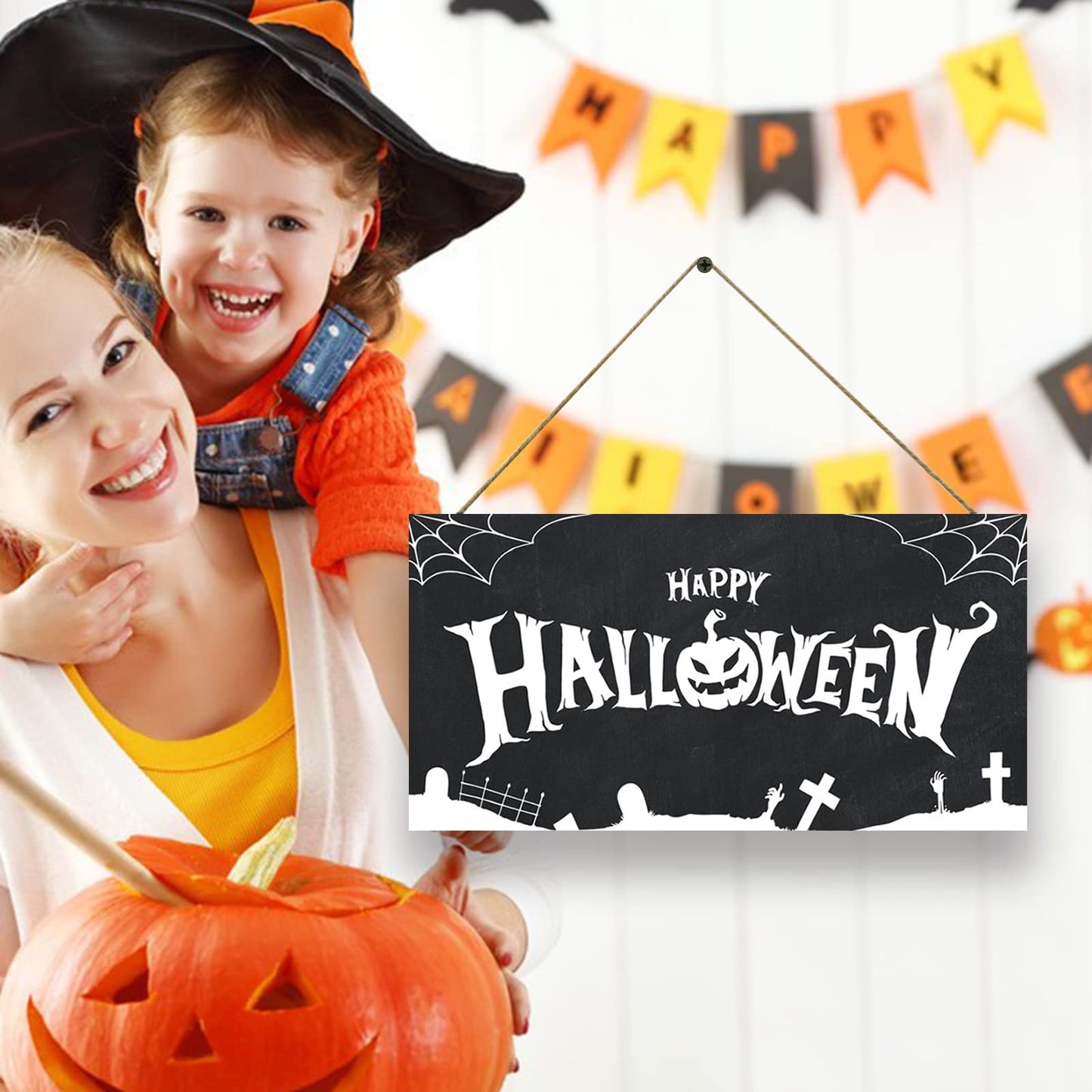 GLLBTPT Halloween Wood Hanging Sign Happy Halloween Decor Sign Spiderweb Sign for Front Door Halloween Decorations Outdoor, Halloween Party Decorations