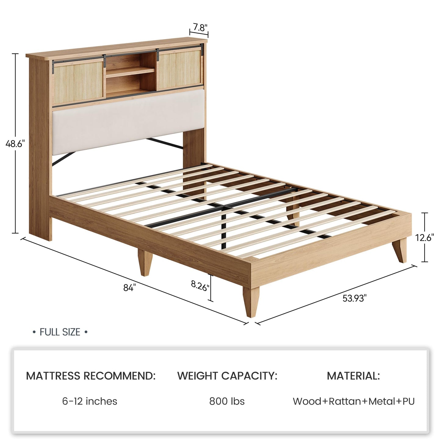 GarveeHome Full Size Solid Wood Bed Frame with Storage Shelves, Rattan Upholstered Bookcase Headboard with Sliding Doors & Adjustable Shelf, No Bos Spring Needed, Natural Solid Wood