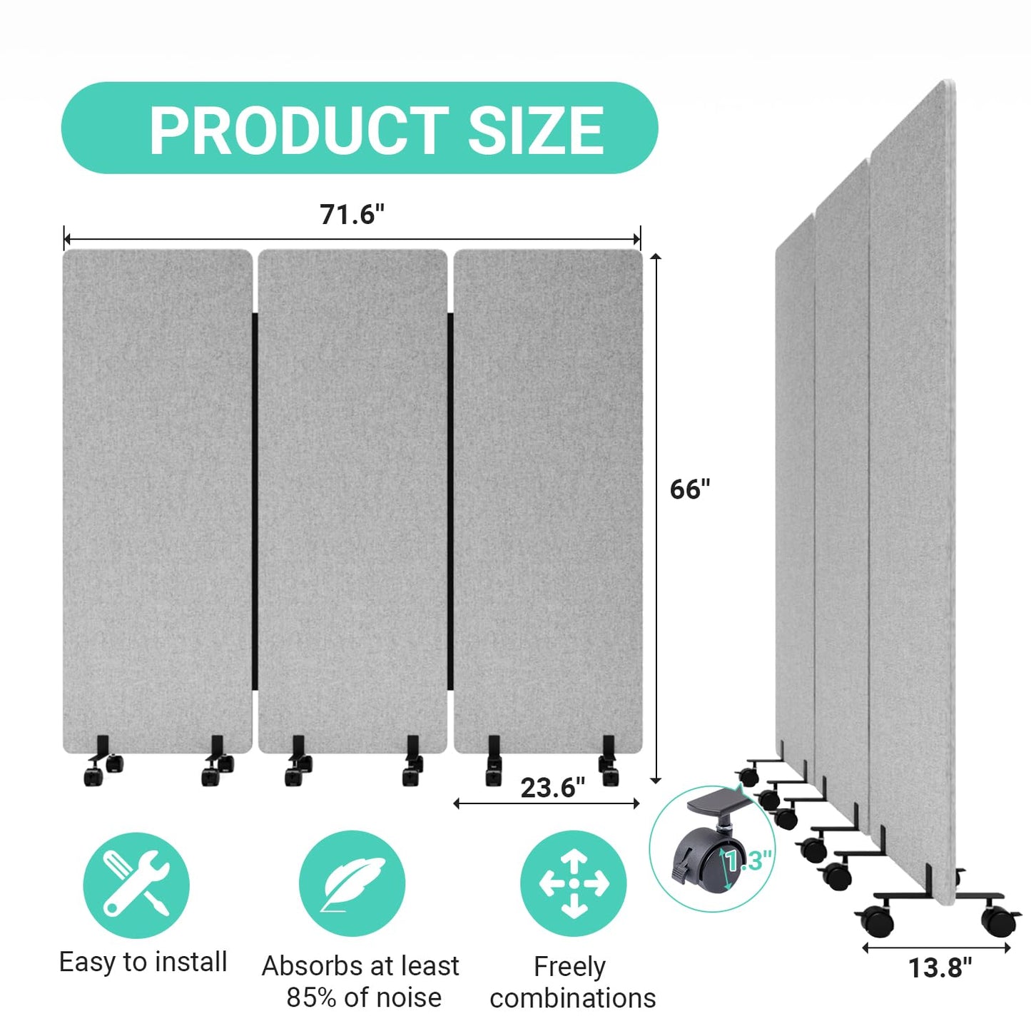 Soundproof Room Divider with Wheels, 66in Office Dividers for Sound Proofing & Reducing, 3 Panel Sound Proof Dividers for Office Partitions Portable Temporary Wall Acoustic Wall Divider,Light Grey