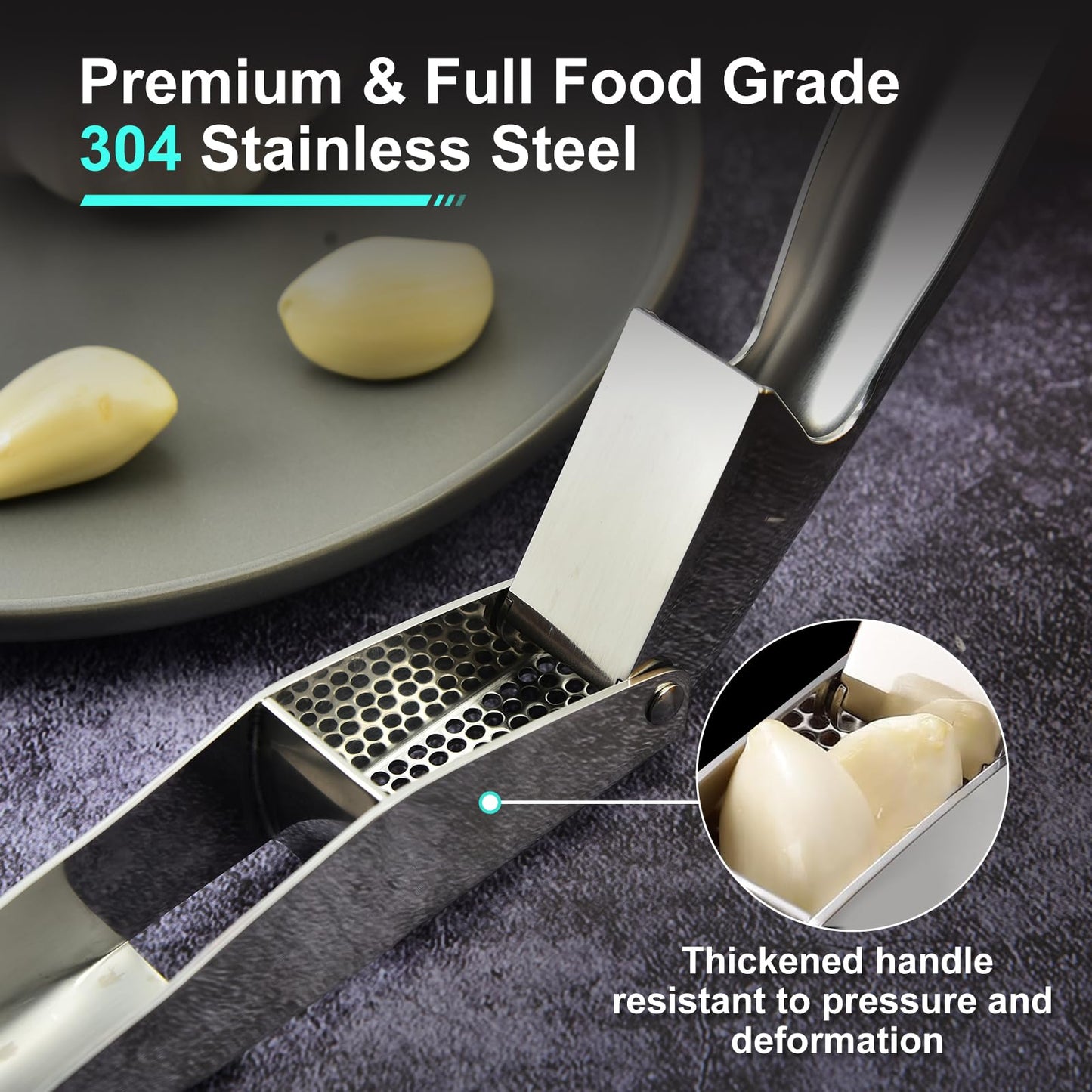 MEIAGO Garlic Press, Stainless Steel Garlic & Ginger Crusher, with Built-In Cleaner, Rust Resistant, No Peel, Large Capacity, Easy Clean,Dishwasher Safe,Silver