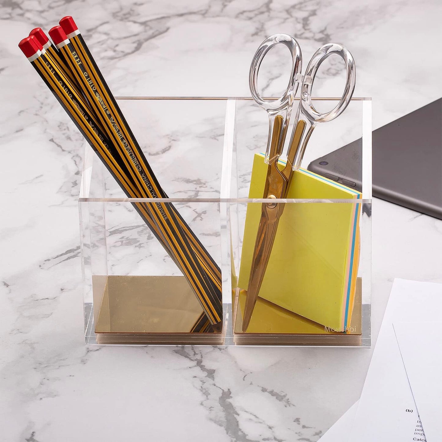 Mouchoi Modern Acrylic Pen Holder with 2 Compartments Gold Base, Multifunctional Pencil Holder for Desk Gold Mirror, Makeup Brush Holder, Marker Holder for Office, Classroom, Home
