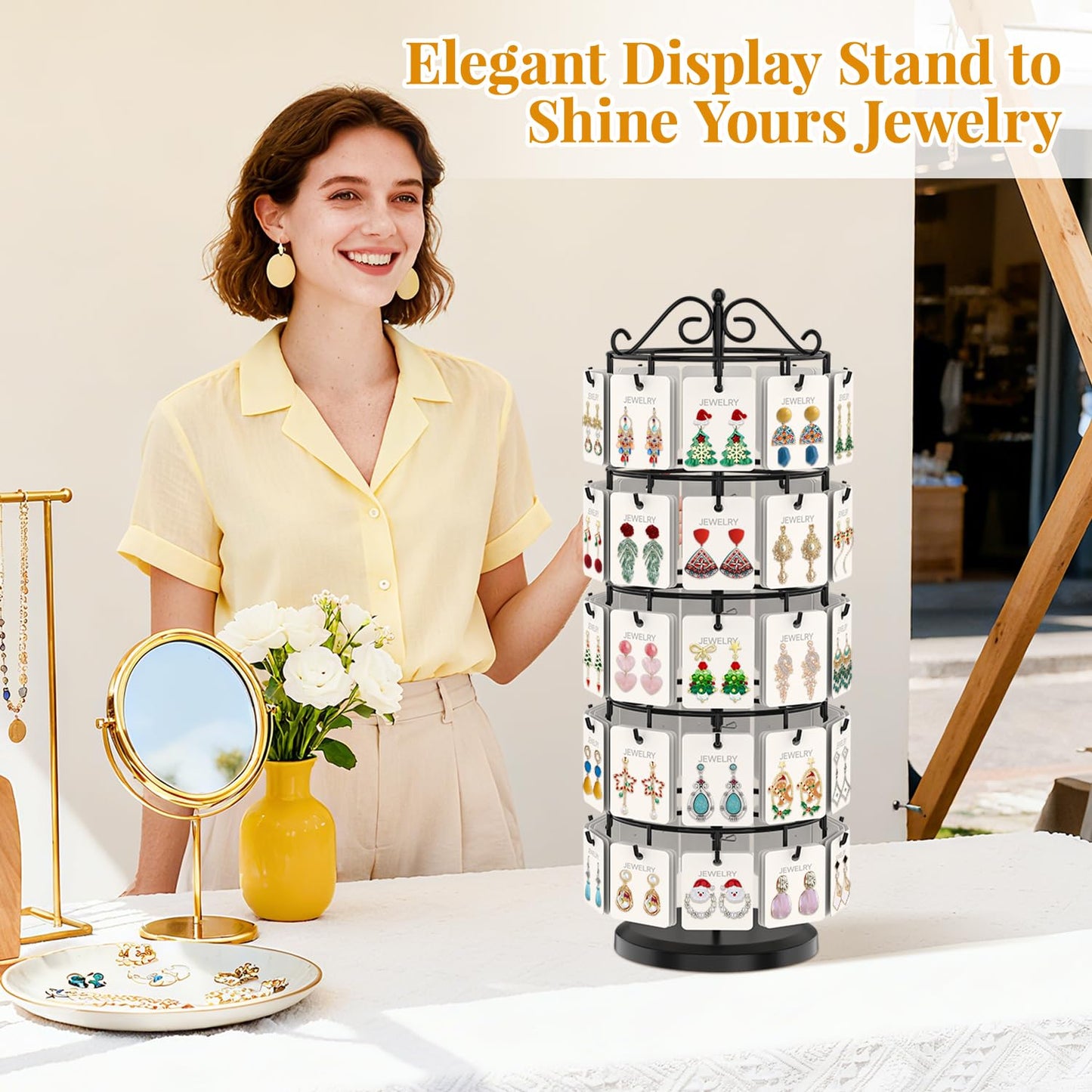 EsLuker.ly Earring Holder Organizer Rotating Display Tree Stand, Adjustable Height Earring Card Hanger Rack with 50 Hooks for Vendors Market Selling, 5 Tier Metal Jewelry Storage Tower, Black