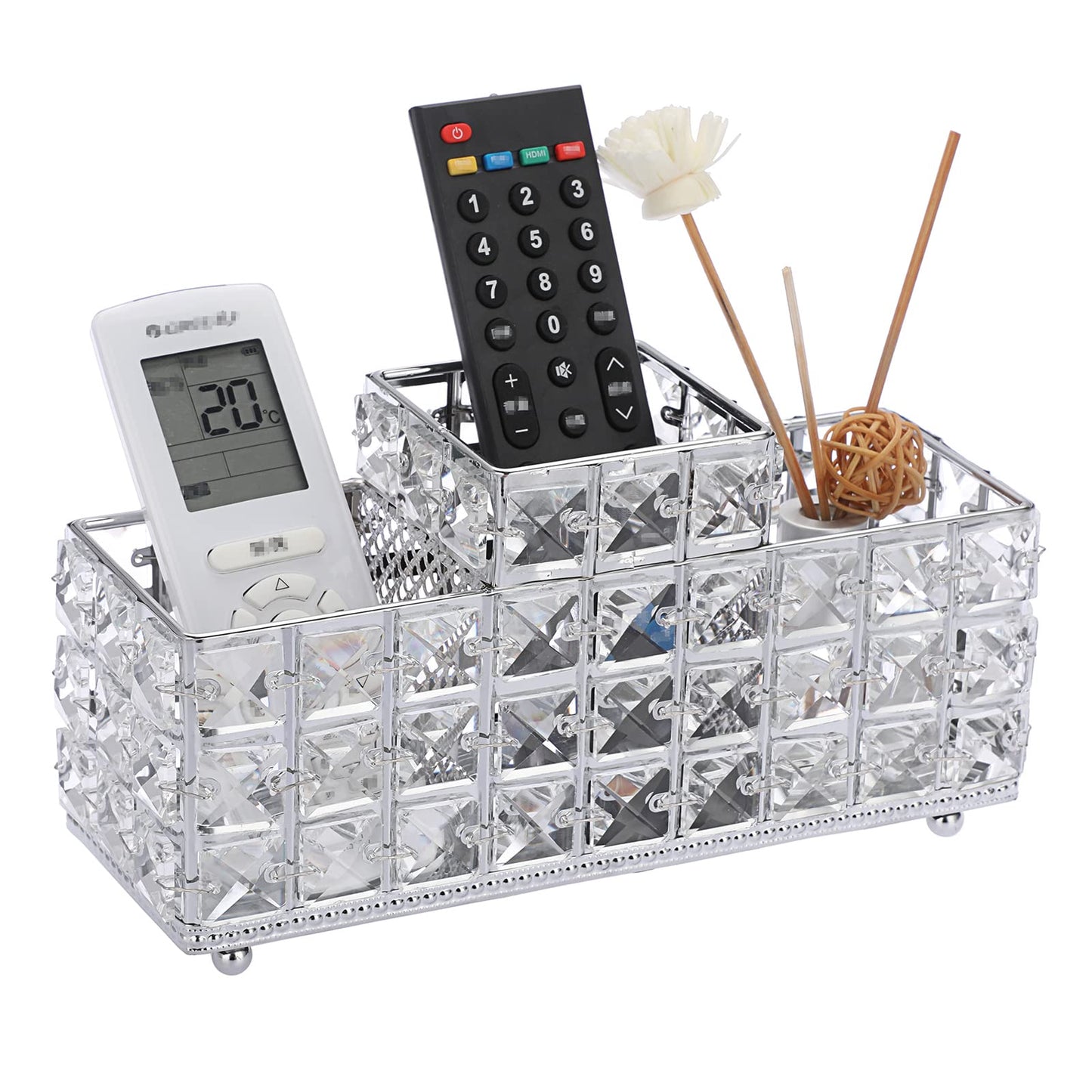 Hipiwe Crystal Remote Control Holder Bling Makeup Brush Holder Organizer Desktop Cosmetics Brushes Storage Cup Pen Pencil Storage Pot Cup for Dresser Bathroom Office, 3 Slot