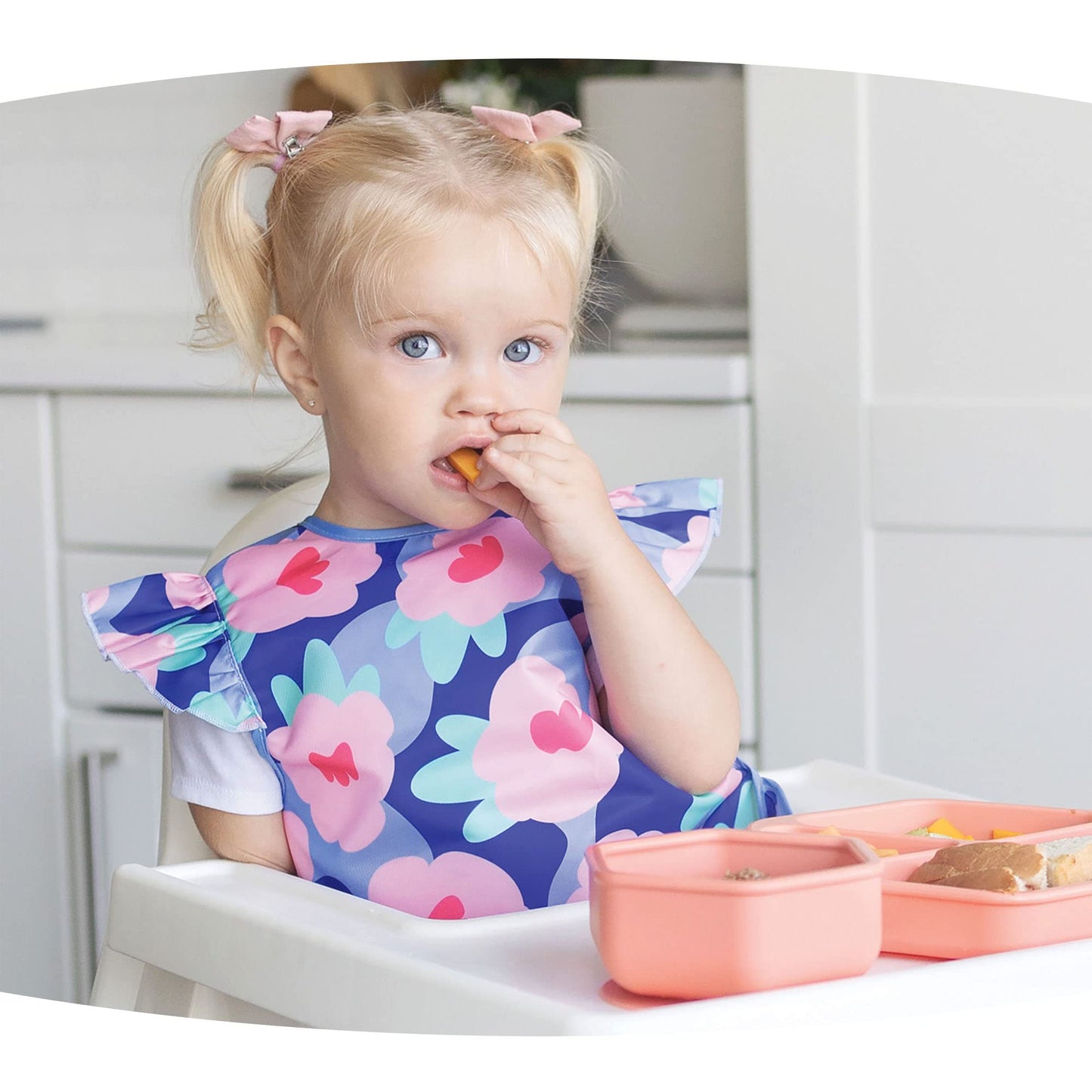Tiny Twinkle Mess Proof Baby Bib - Waterproof & Lightweight Baby-Led Weaning Apron | 100% Recycled Polyester, Easy Clean & Machine Washable (Floral Blue, Small 6-24 Months)