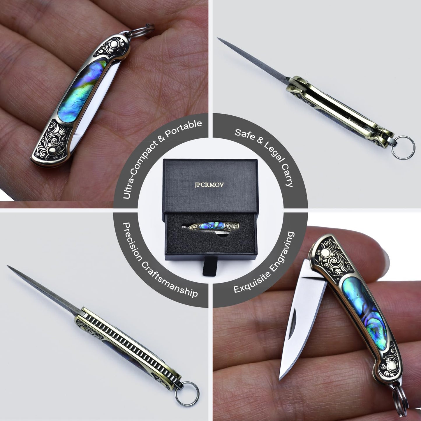 JPCRMOV Mini Folding Pocket Knife, Abalone Shell Handle, Keychain EDC Tool, 1.06” Blade, Ultra Lightweight 9g, Small Box Opener for Daily Carry