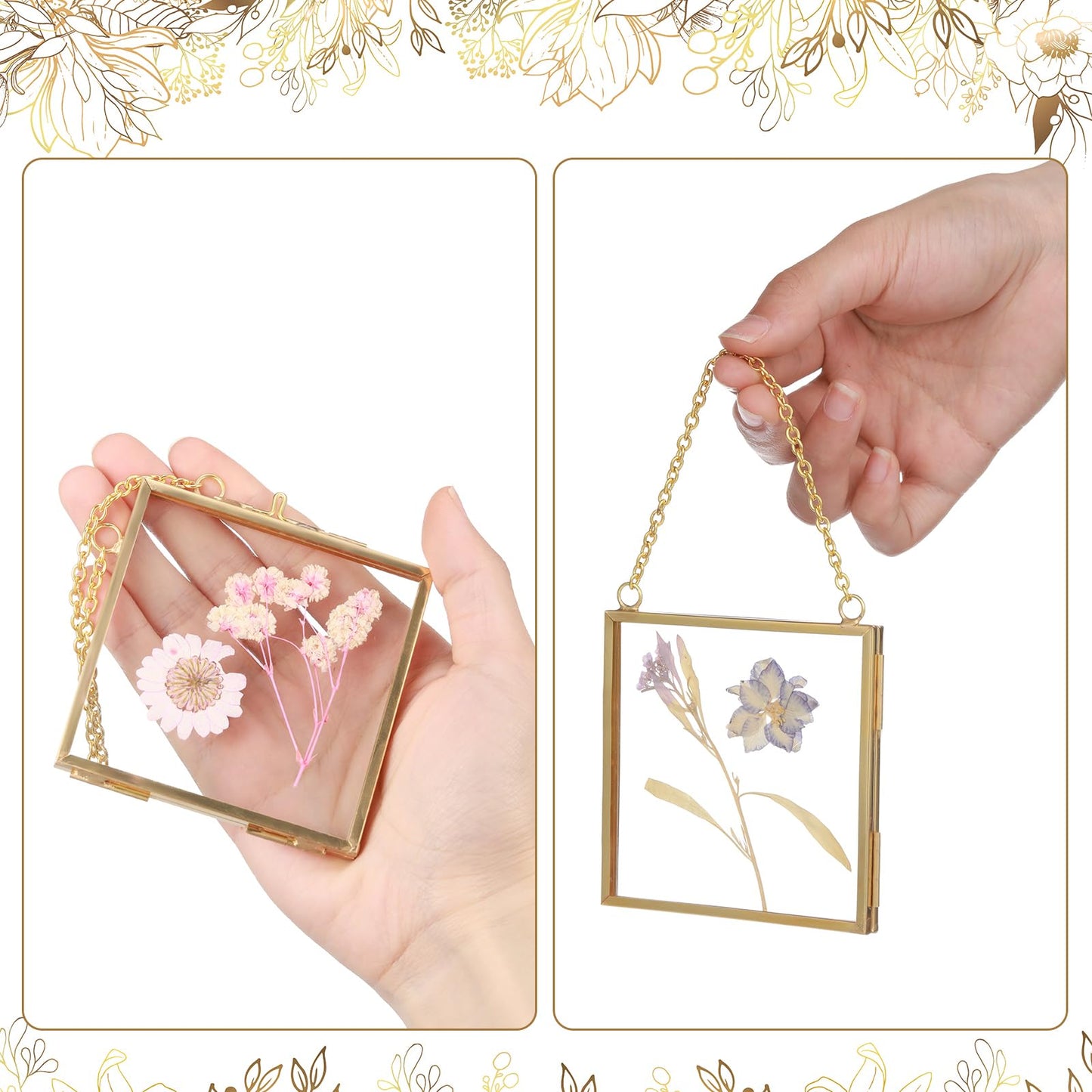DoubleFill 12 Pcs Hanging Clear Photo Frame Double Glass for Pressed Flower Floating Frame with Chain Display Gallery Artwork Horizontal Vertical Gold Metal Rectangle Wall Decor(3 x 3 Inch)