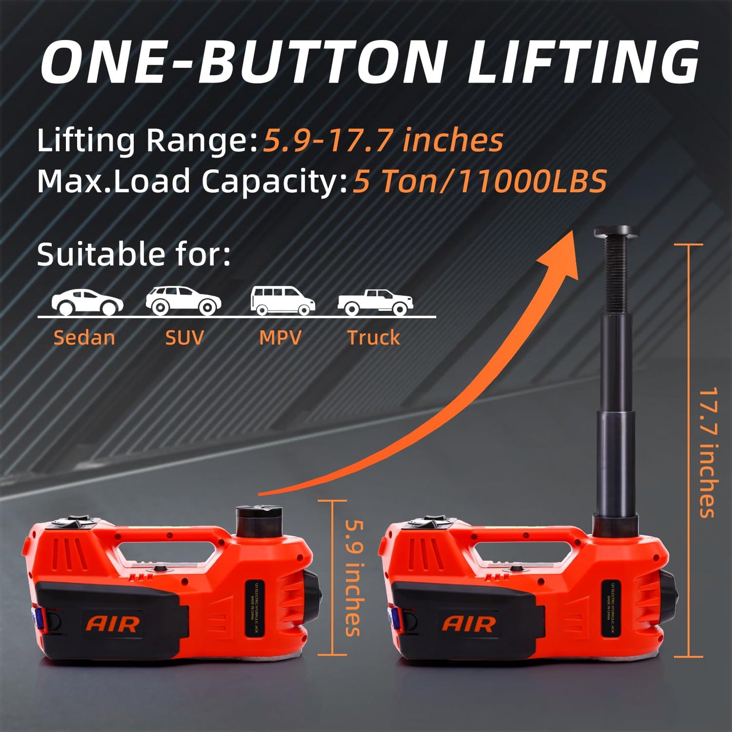 STANDTALL Electric Car Jack Quick Lifting Safe and Portable with Tire Inflator and LED Light Complete Set of Accessories 12V Hydraulic Floor Jack
