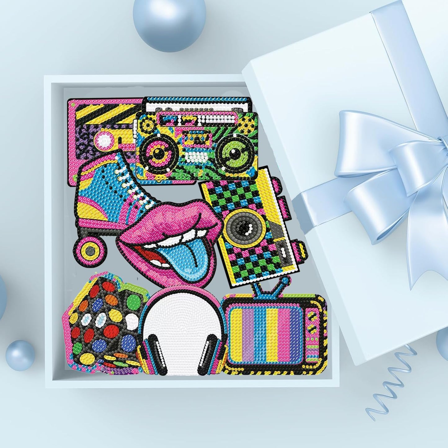 8Pcs 80s 90s Diamond Art Painting Coasters Kit with Holder Retro 1980s 1990s Hip Hop Throwback Gem Mosaics Arts Rhinestone Painting Coasters Crafts for Adults Handmade Gifts Home Decoration Supplies