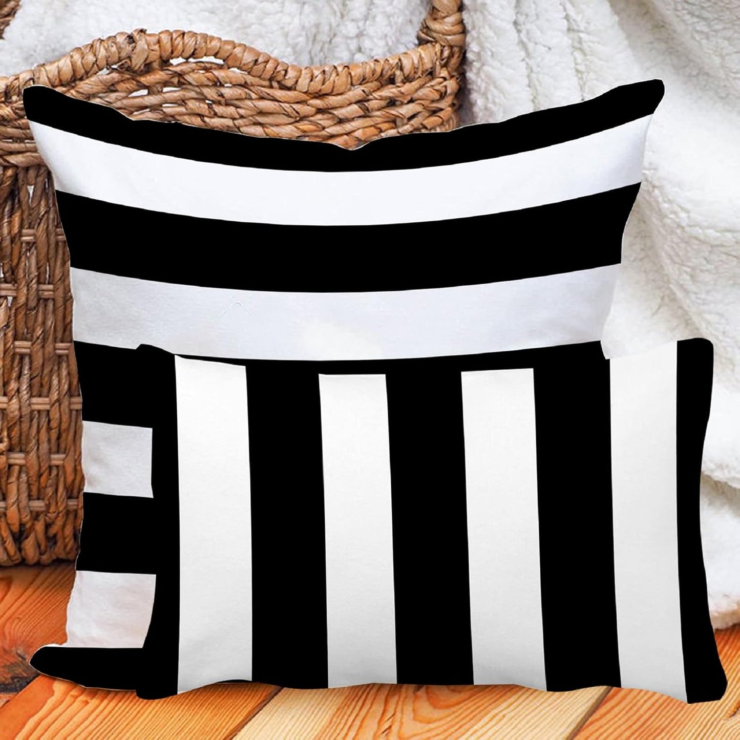 Leaveland Set of 2 12x20 Inch White and Black Stripe Cotton Polyester Square Throw Pillow Case for Home Decor