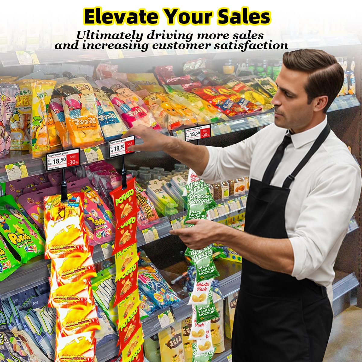 Dafftos Hanging Merchandise Strips with Hooks Chip Display Rack Stands Potato Bag Holder 12 Clips for Retail 32 inches Displaying Black Label Headers Card Snacks Metal 4 Pack