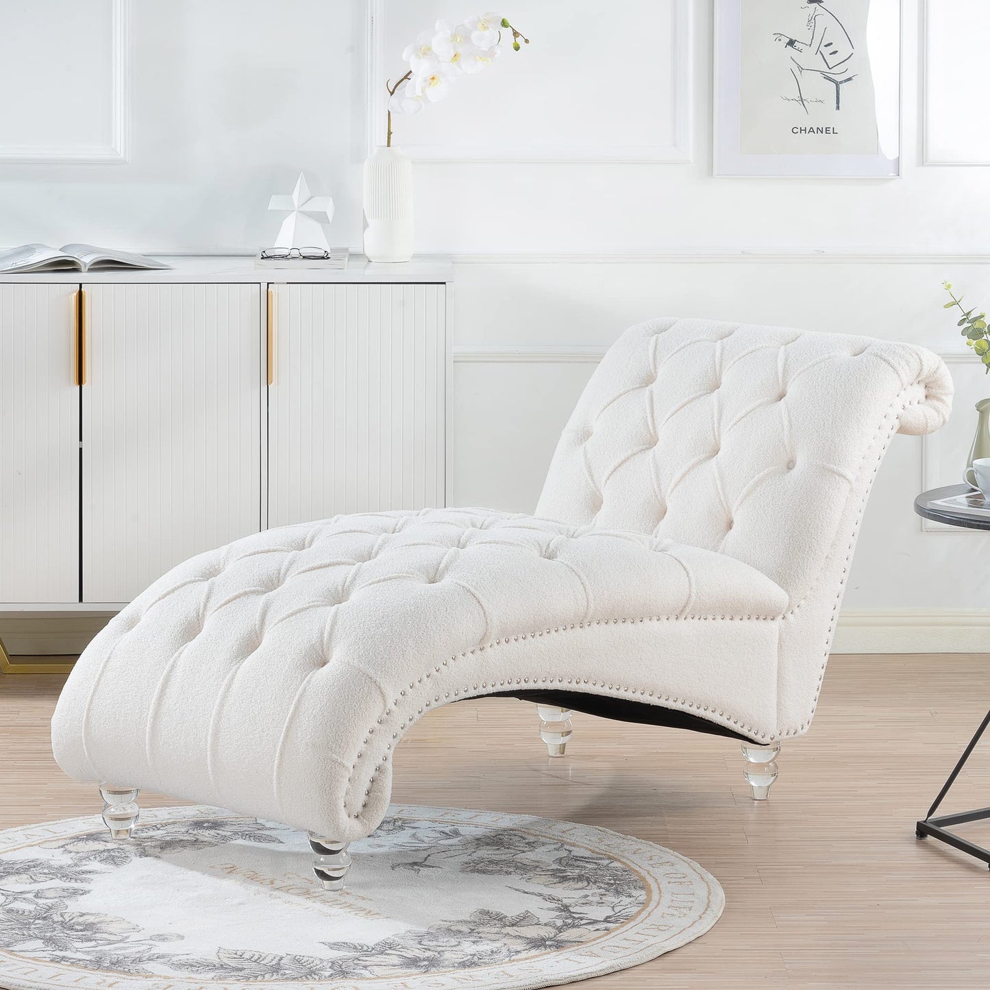 KEIKI Tufted Armless Chaise Lounge Chair, Velvet Lounge Chair with Solid Wood Leg, Upholstered Chaise for Living Room Bedroom Small Space Office Study, White