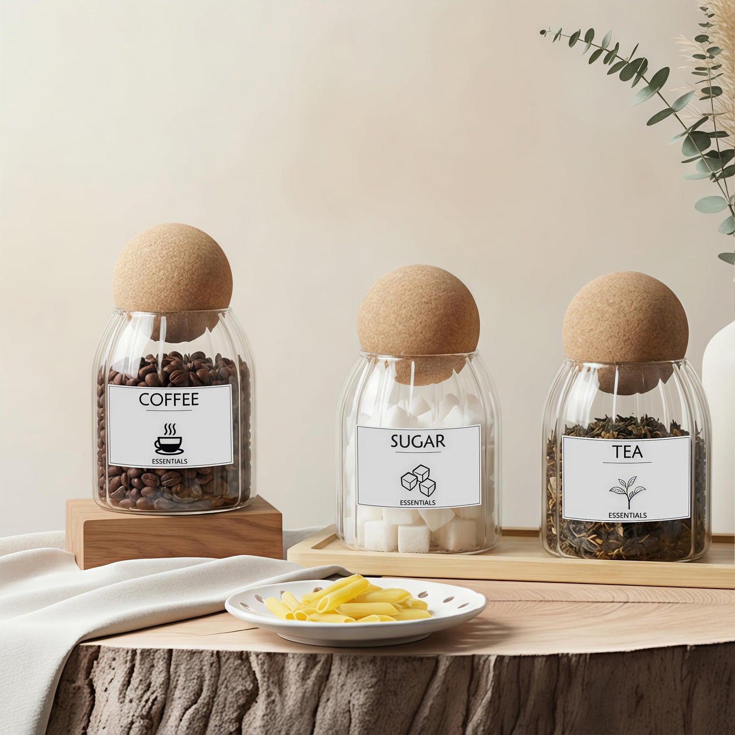 GYOSUGANG Glass Jar Storage Container with Ball Cork, 3PCS Round Glass Canisters with Tray & Labels, Small Glass Jars for Food Sugar Candy Coffee Tea Nuts - Style 2(500ml/17oz)