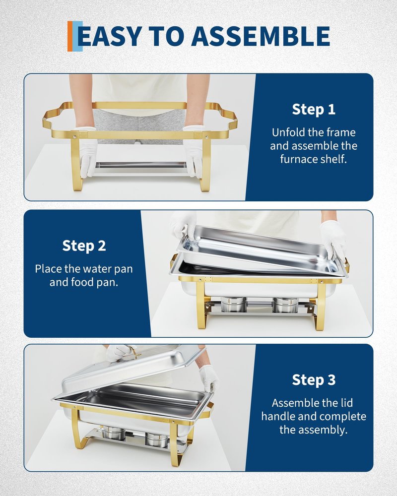 Garvee Chafing Dishes for Buffet Set of 2, 8QT Buffet Servers and Warmers Set with Lid & Foldable Frame, Rectangular Stainless Steel Chafer Food Warmer for Parties Wedding Catering Supplies, Gold