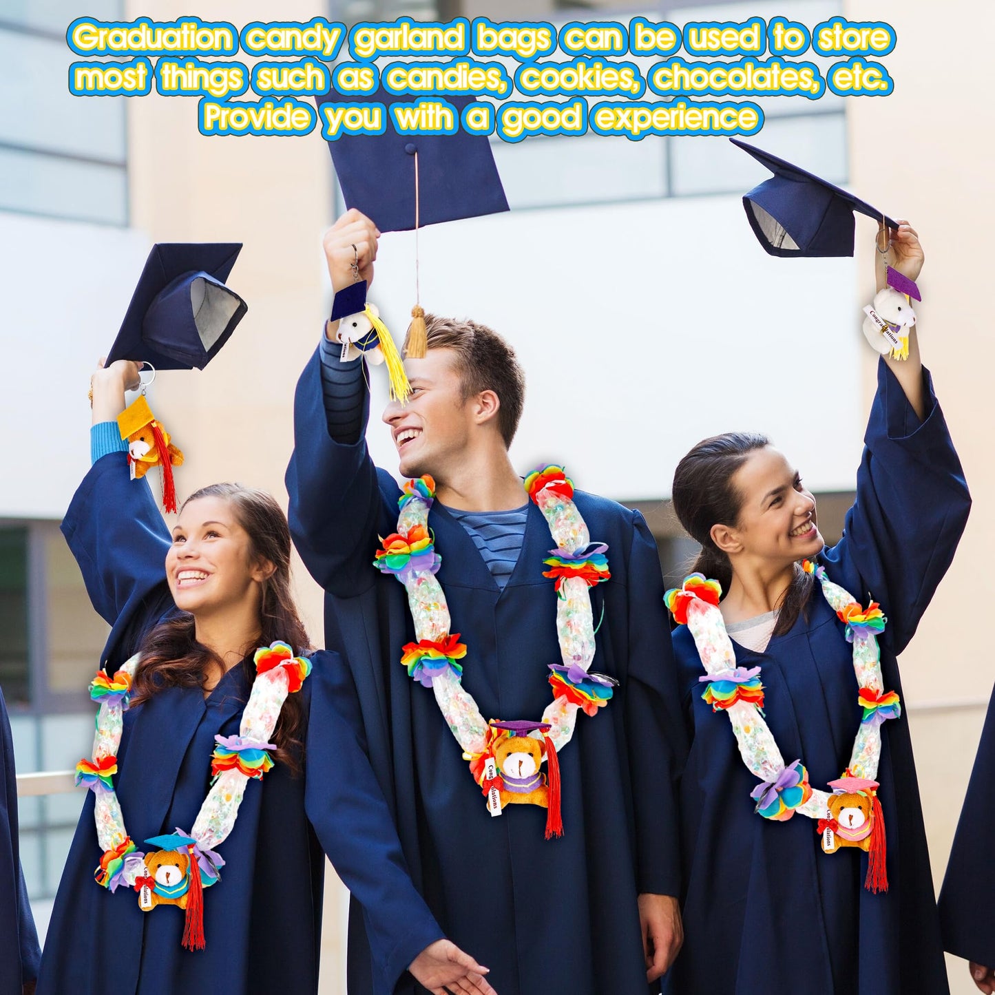 Mikasee 180 Pcs Graduation Candy Lei Making Kit 10 Mini Graduation Bear Bulk 10 Pcs Mesh Bag 150 Pcs Flower Pieces with 10 Rolls Gift Ribbon Wrapping DIY for School Graduation Wreaths