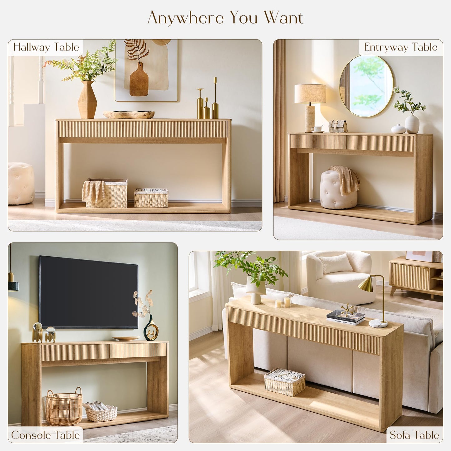 OKD 63" Fluted Console Table for Entryway, Modern Entryway Table with 2 Large Drawers, Long Sofa Table Behind Couch for Living Room, Hallway, Couch, Foyer,Natural Oak