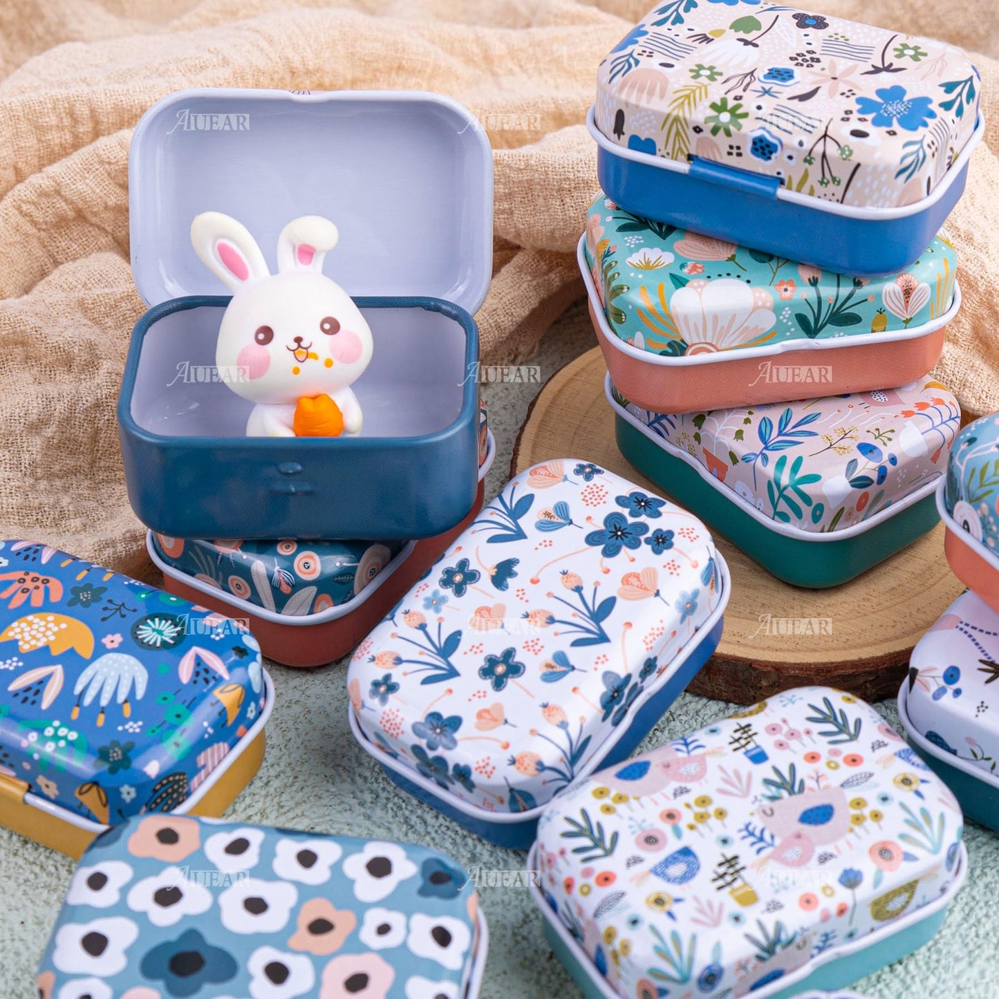 AUEAR, 10 Pack Vintage Flower Print Mini Tin Coin Box Rectangular Storage Boxes with Lid Tiny Trinket Case for Jewelry