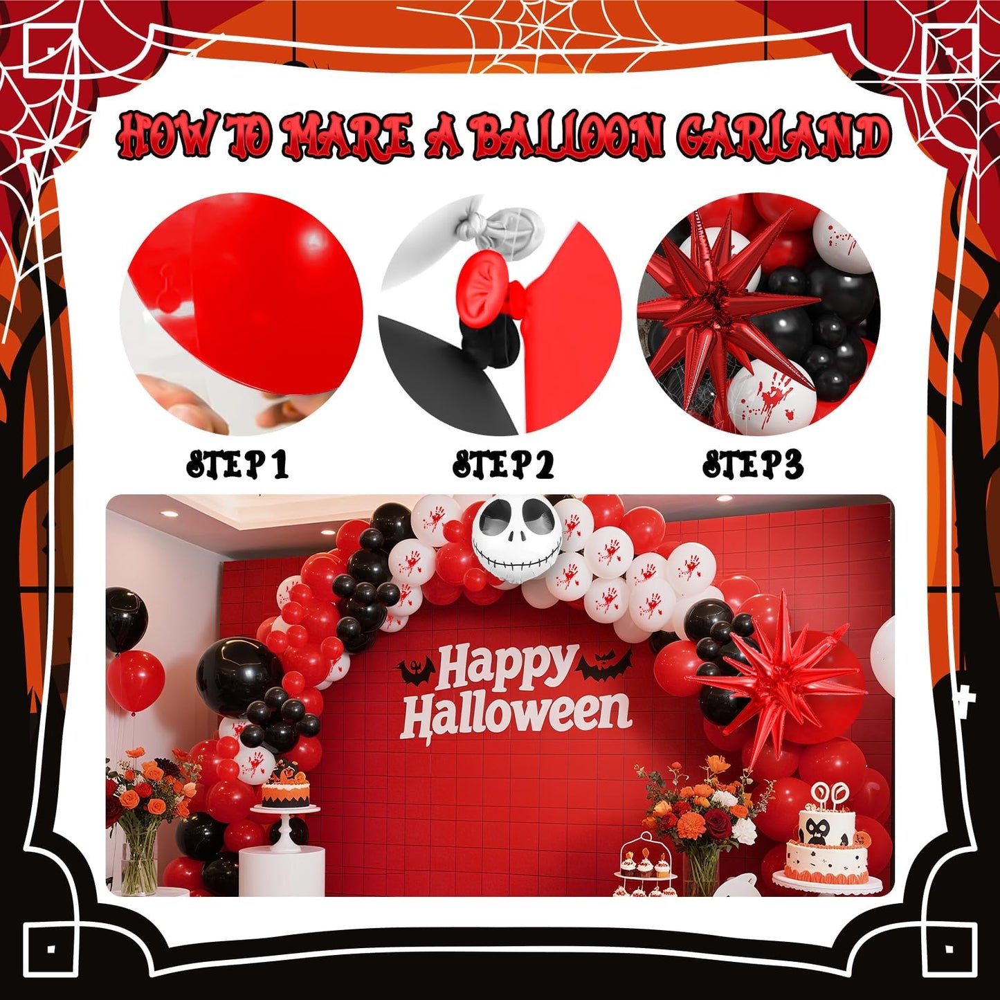 Halloween Balloon Arch Kit Bloody Balloons Garland Black and Red Balloon with Skull Face Explosion Star Foil Balloon for Nightmare Horror Theme Birthday Spooky Vampire Skeleton Cat Party Decorations