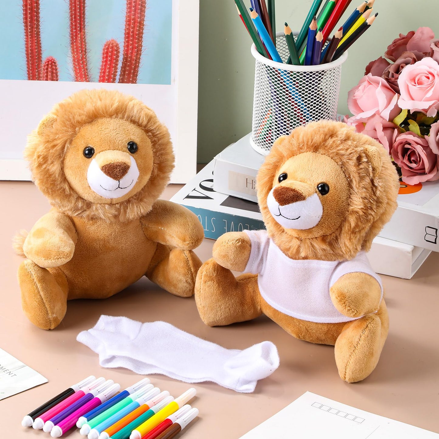 Blueweenly 64 Pcs Make Your Own Stuffed Animal Lion Kit Including 6 Inches Soft Lion Plush with White T Shirt and 12 Colors Pens for Birthday Favors Forest Party Crafting Gifts