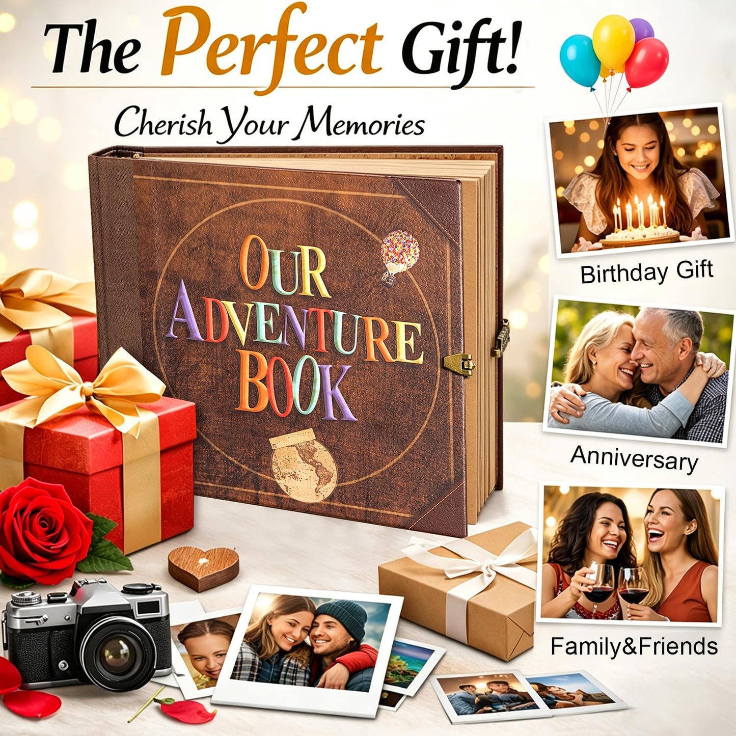 Our Adventure Book 8.9 x 7.9 Inch 80 Pages Scrapbook Photo Album with Scrapbooking Supplies, 3D Retro Embossed Letter Leather Hard Cover Movie Up Travel Journal Memory Book For Couples,Christmas gifts