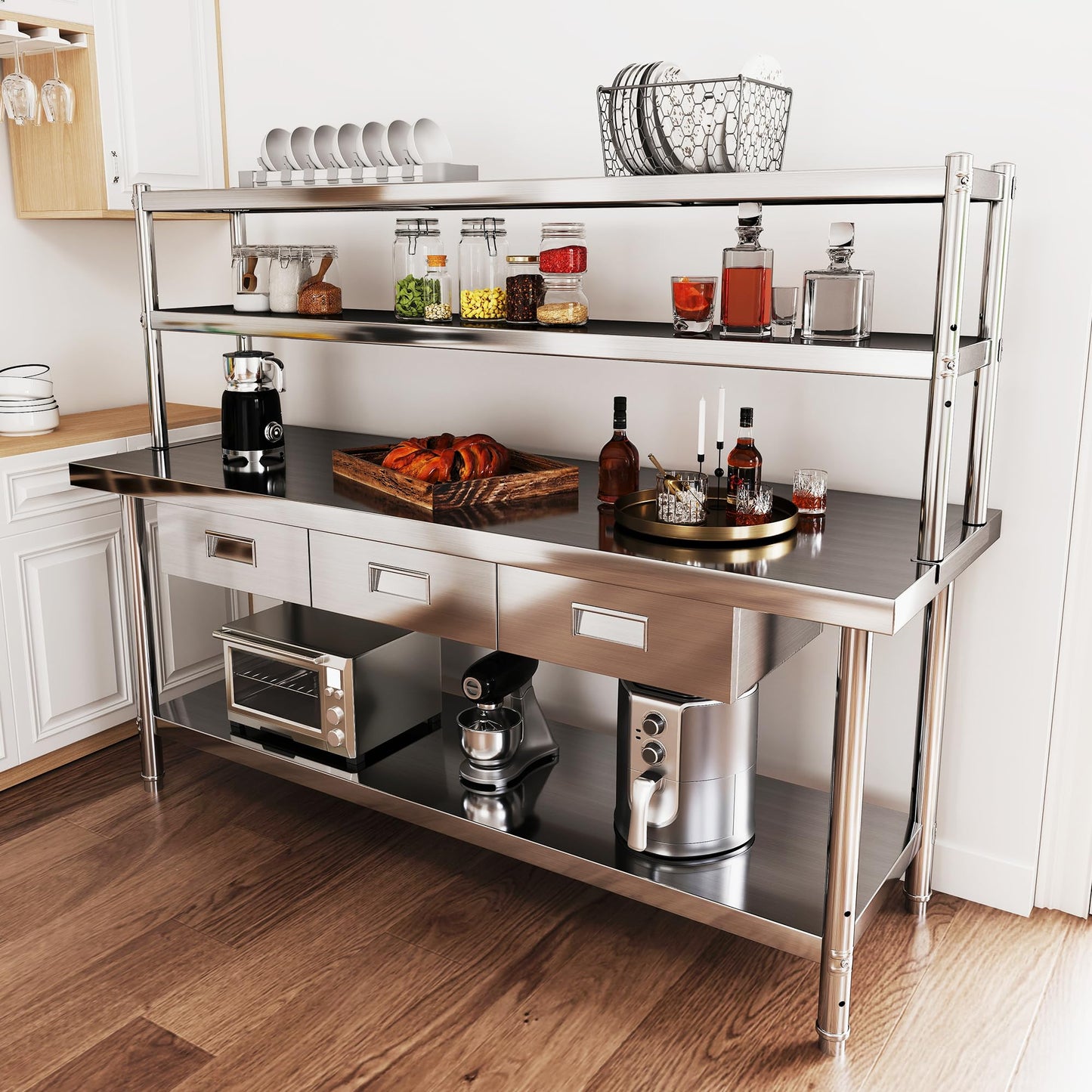 YITAHOME 72"x24" Stainless Steel Work Table with 3 Drawers & Upper Shelf, NSF-Certified Commercial Metal Table with 72"x12" Overshelf, Utility Prep Station
