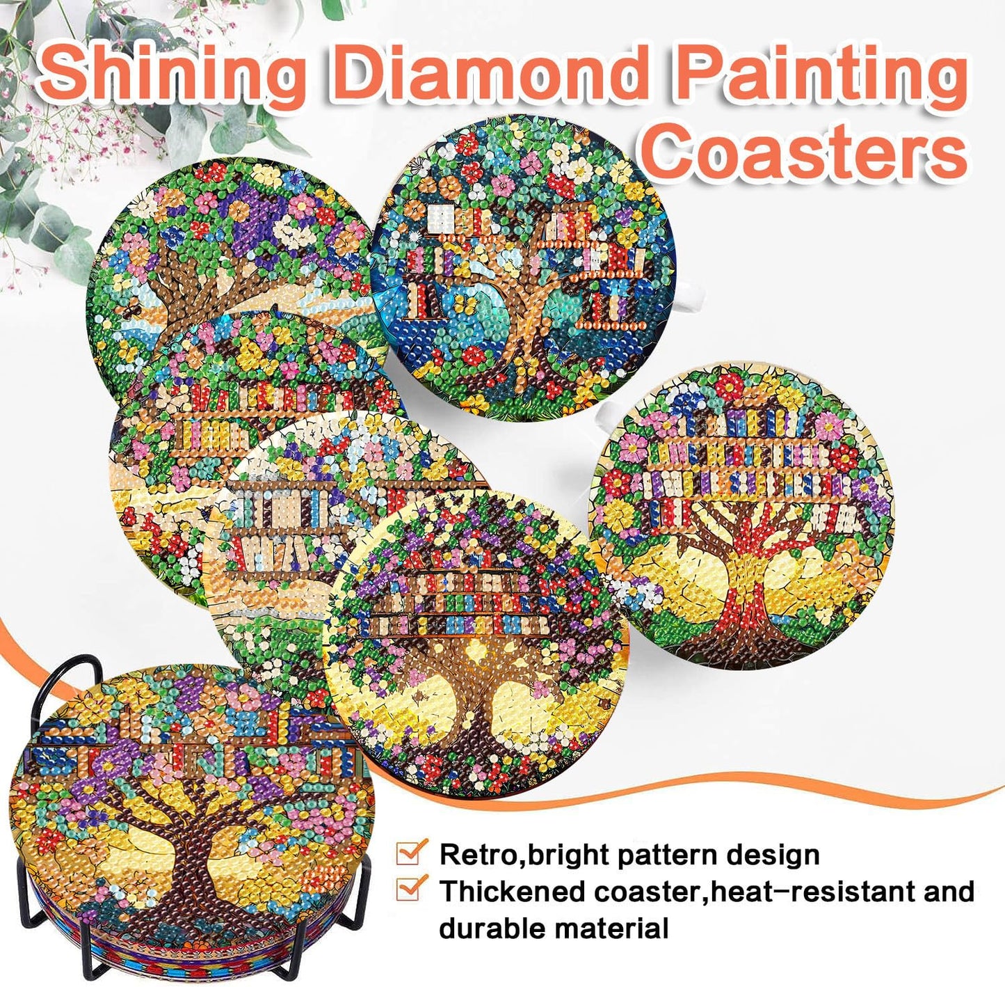 ijbnhd 8 Pcs Diamond Art Coasters Kits, Tree of Life Diamond Painting Coasters Kit with Holder, Diamonds Art Non Slip Coaster Crafts Kits for Adults Gifts 4x4 inch (Cork Wooden Pad)