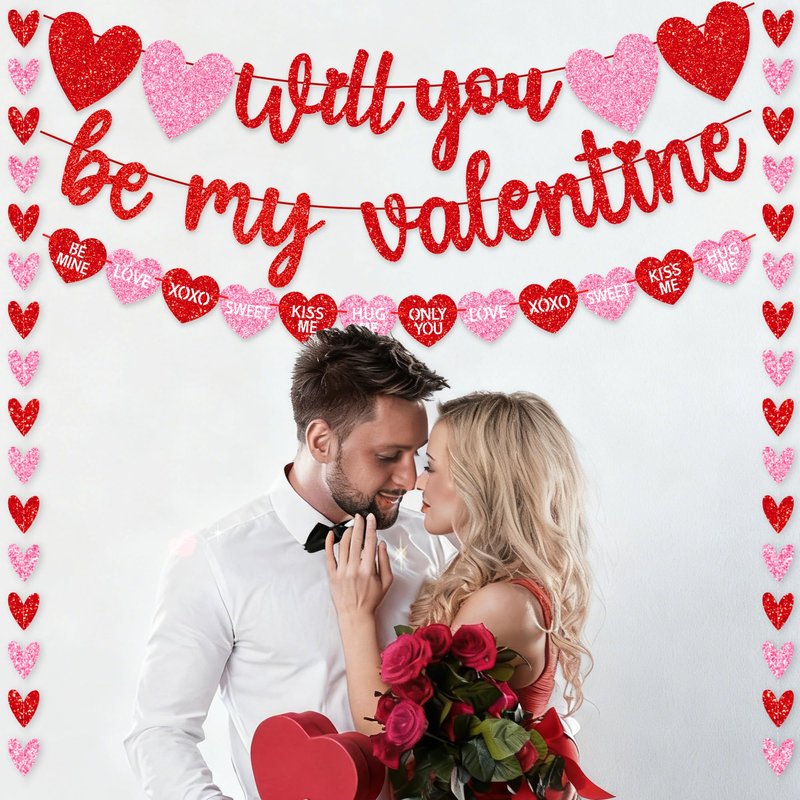 Valentines Day Decorations, No DIY Glitter Red Pink Will You Be My Valentine Banner Hollowed Conversation Heart Banner Heart Garlands String for Valentines Home Mantle Wall Office Decor Supplies