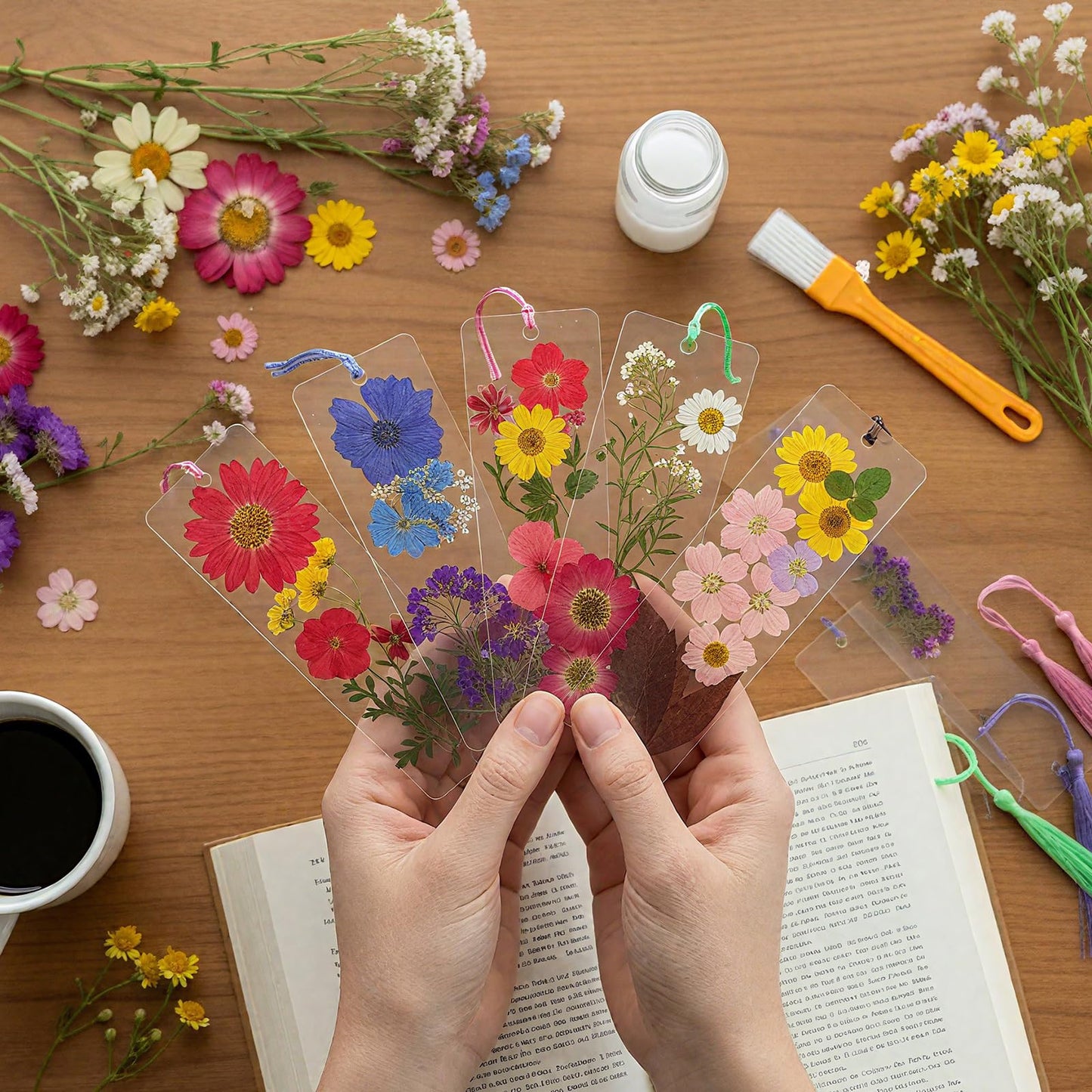 Eaasty 190 Pcs Pressed Flower Bookmark Making Kit, 24 Clear Acrylic Bookmarks with Tassels 140 Dried Floral with Adhesive Tools for Scrapbooking DIY Craft Gifts(Rustic)