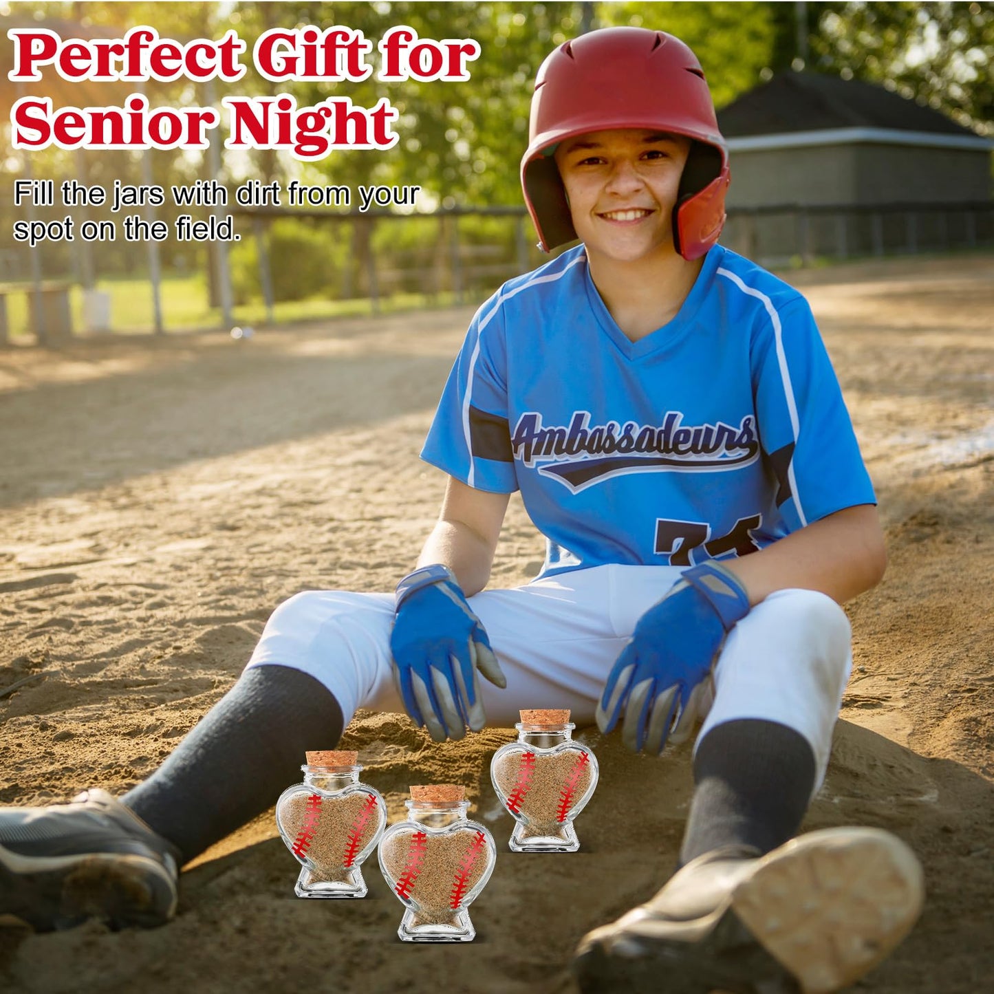 FillTouch 6 Pcs Baseball Dirt Keepsake Jar, 2026 Baseball Senior Night Gifts Dirt Jars, 1.57 x 3.15 Inch 1.7 oz Sports Heart Shaped Glass Bottle with Cork Stoppers for Team Coach Player Party Favors
