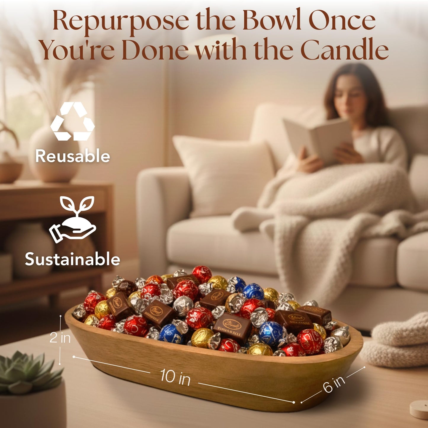 Dough Bowl Candle Co. Palo Santo Candle - Scented Candles for Home for Meditation for Men and Women, 100% Soy Wax Decor with 40H Burn Time, 10x6 Large 3 Wick Luxury Aromatherapy Gifts in Wood Bowl