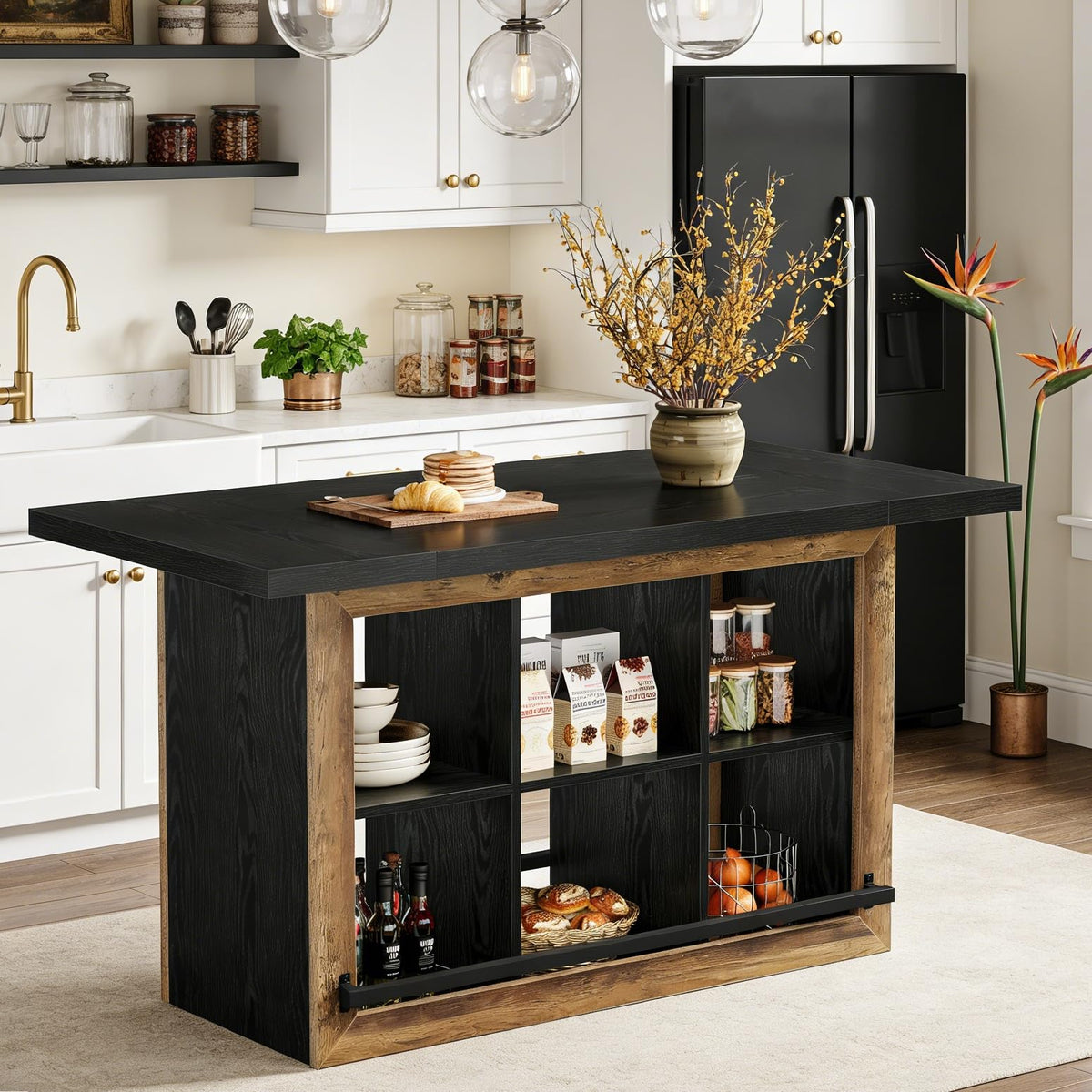 Tribesigns Kitchen Island with Storage, 62.6" Farmhouse Table with 6-Cubby Open Shelves & Metal Foot Rail, Butcher Block Style Counter Height Stationary Unit