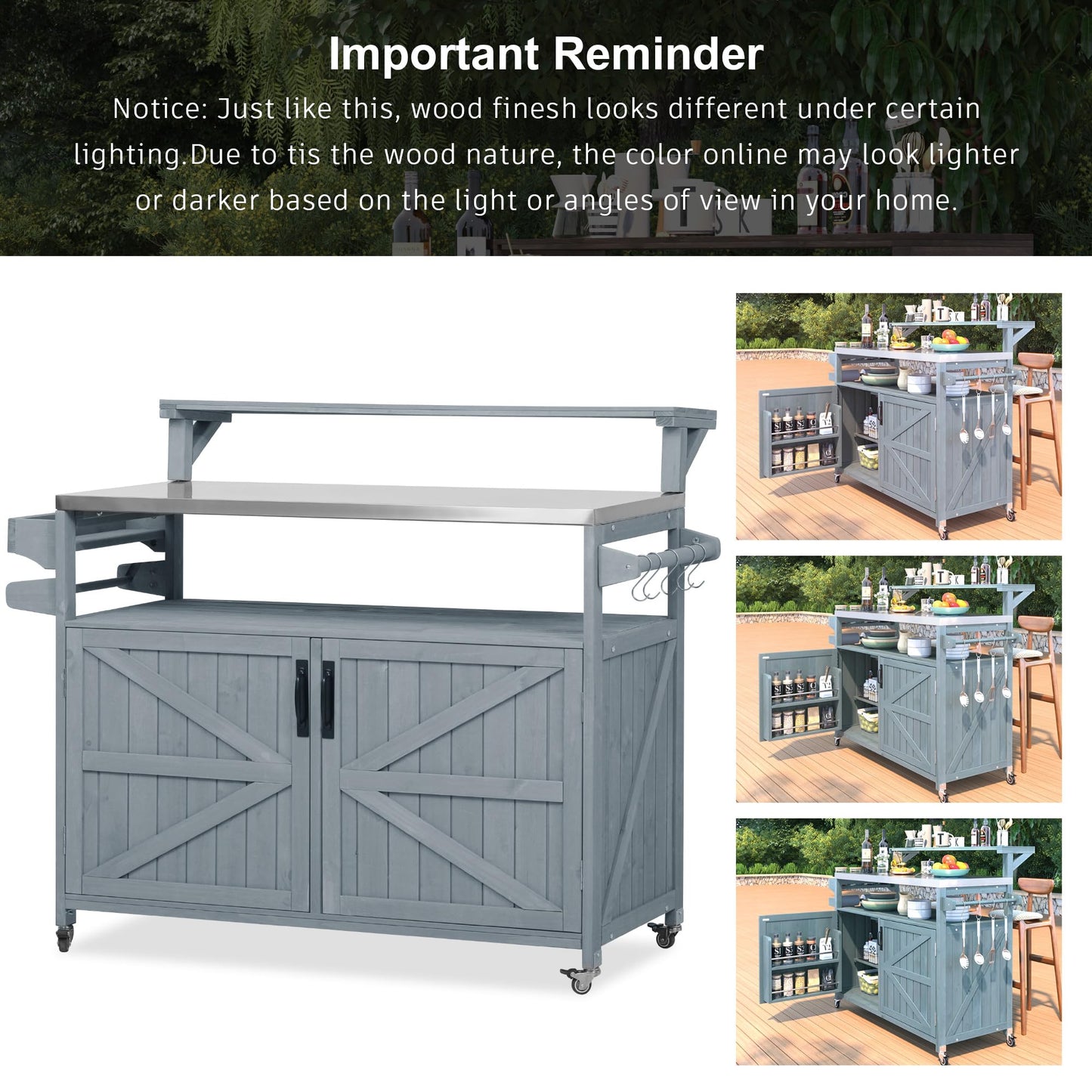 Amposei Outdoor Grill Table Cart 53.3-Inch Solid Wood Garden Patio Rolling Bar Storage Cabinet Kitchen Island with Stainless Steel Top & Lockable Wheels for Food Prep and BBQ, Grey Blue