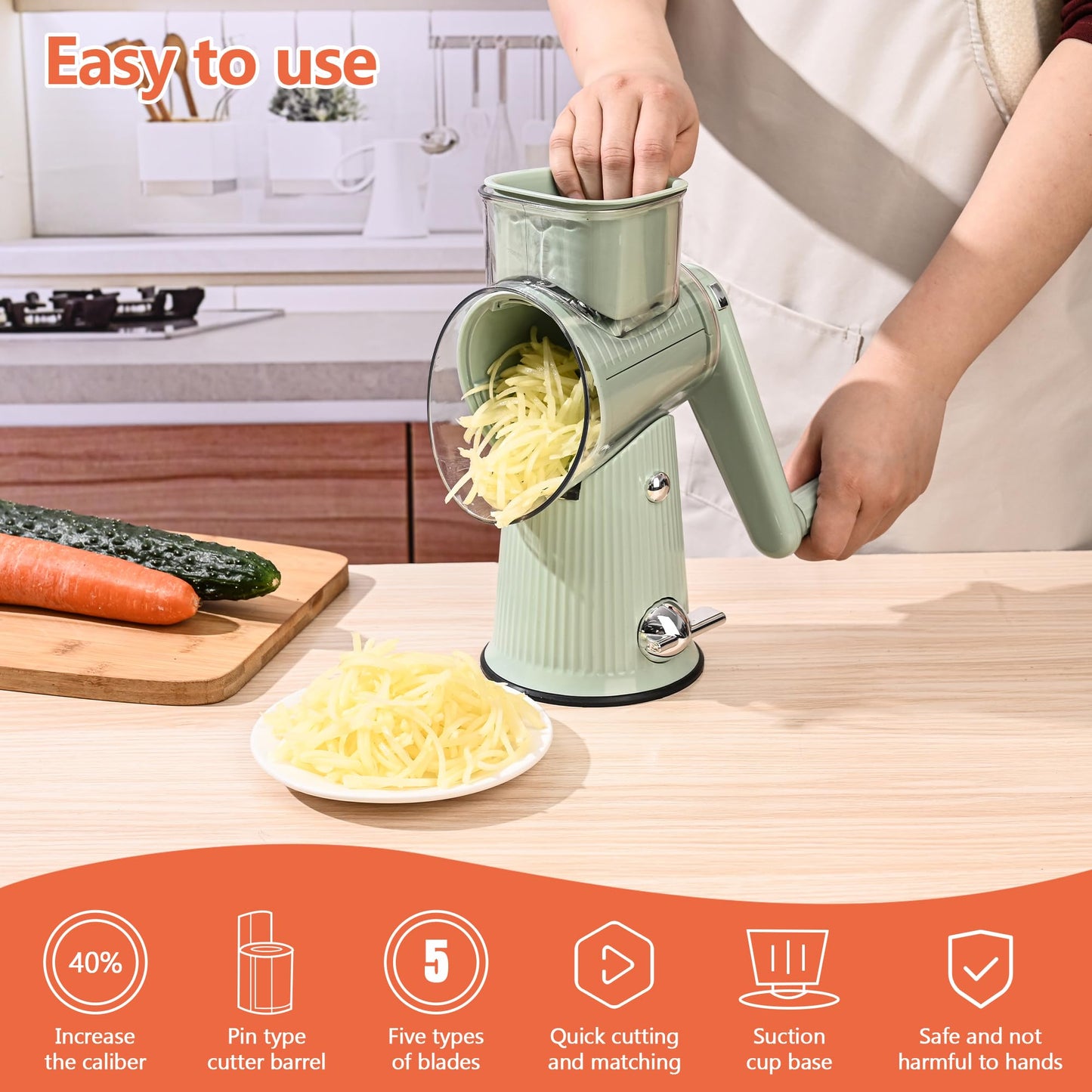 Cheese Grater With Hand Crank Countertop For Kitchen,Grater Shredder With Handle For Kitchen Rotating,Vegetable Slicer,Nuts Grinder Cheese Shredder with Clean Brush(5 Blades Matcha Color)