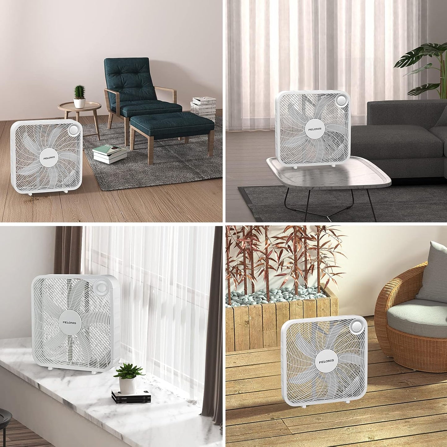 PELONIS 3-Speed Box Fan, Full-Force Circulation, Air Conditioner, White