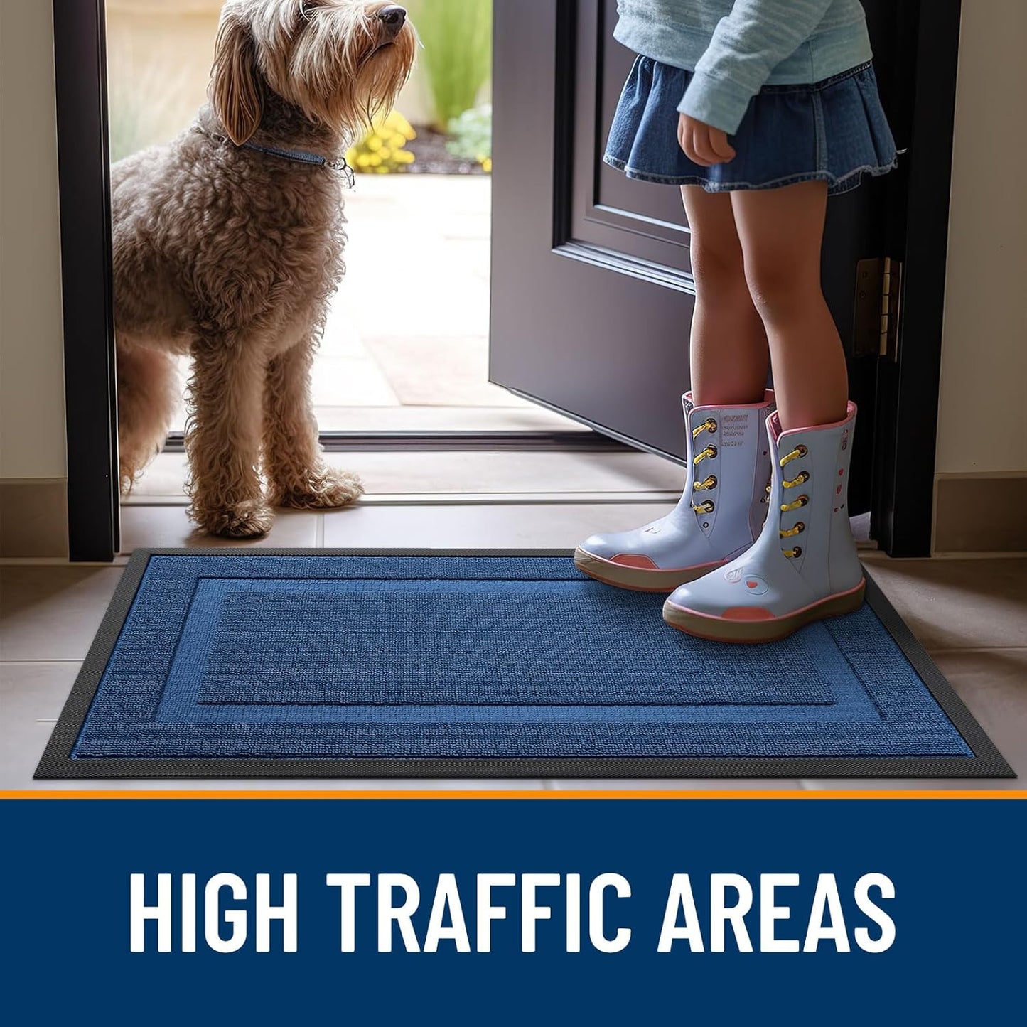 OLANLY Waterproof Front Door Mat - All-Season Natural Rubber Doormat | Easy Clean, Low Profile, 29.5x17, Navy Blue